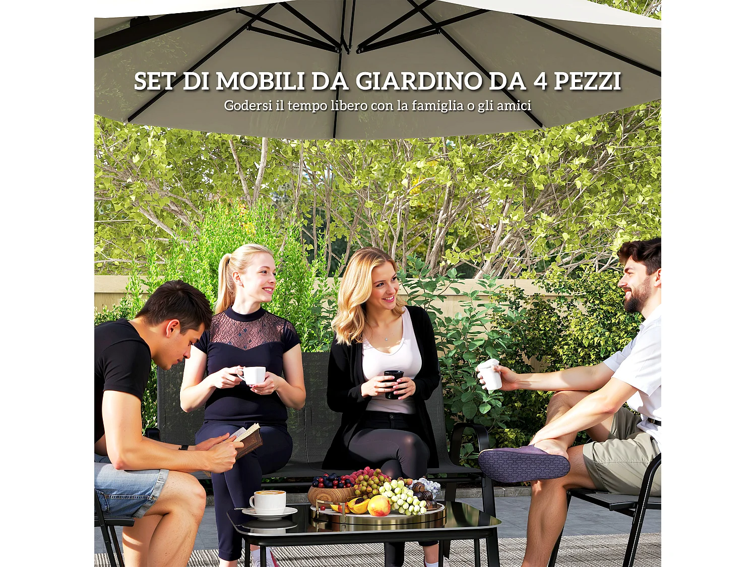 Set da giardino con divano 2 posti 2 poltroncine e tavolino nero