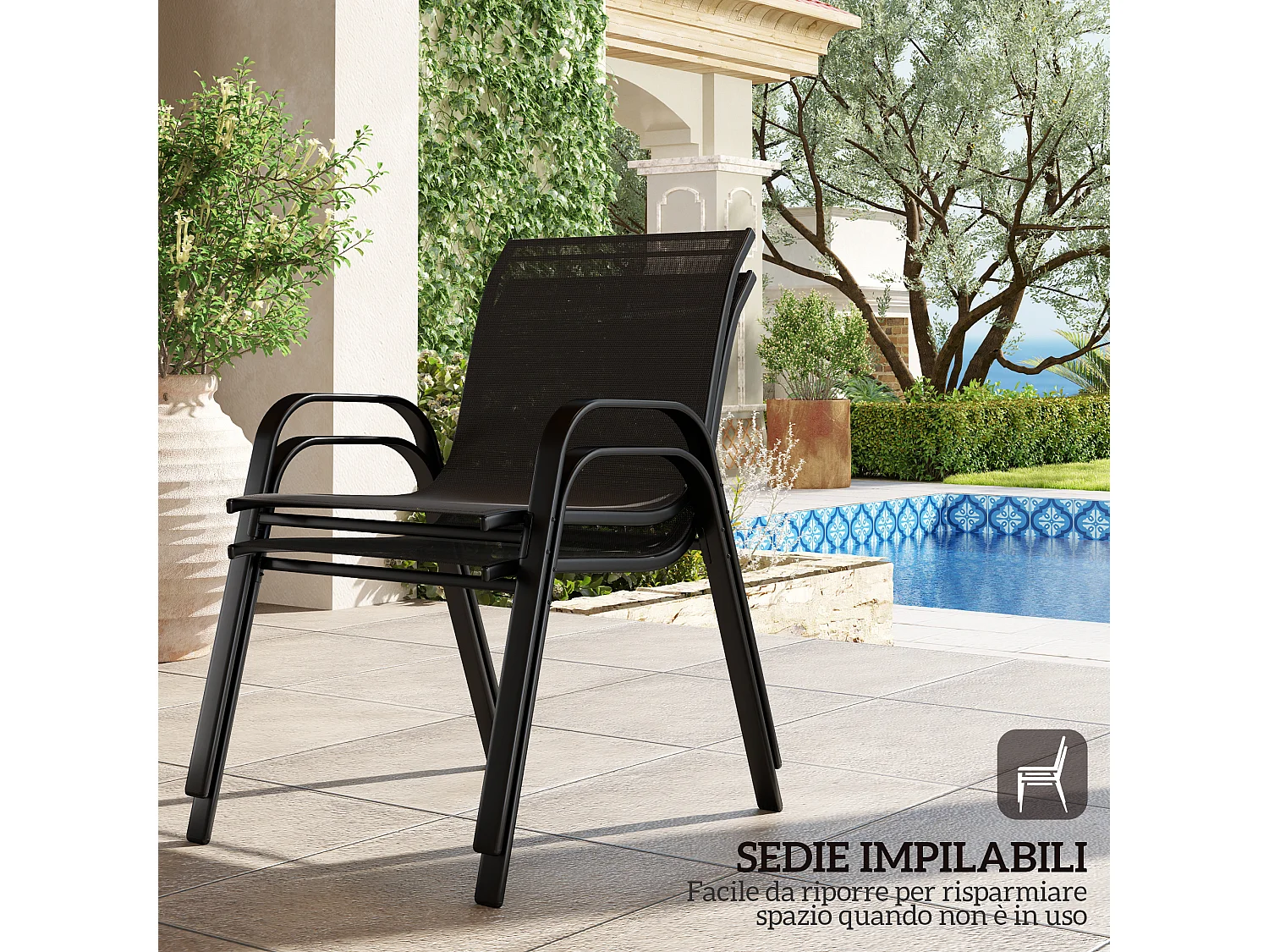 Set da giardino con divano 2 posti 2 poltroncine e tavolino nero