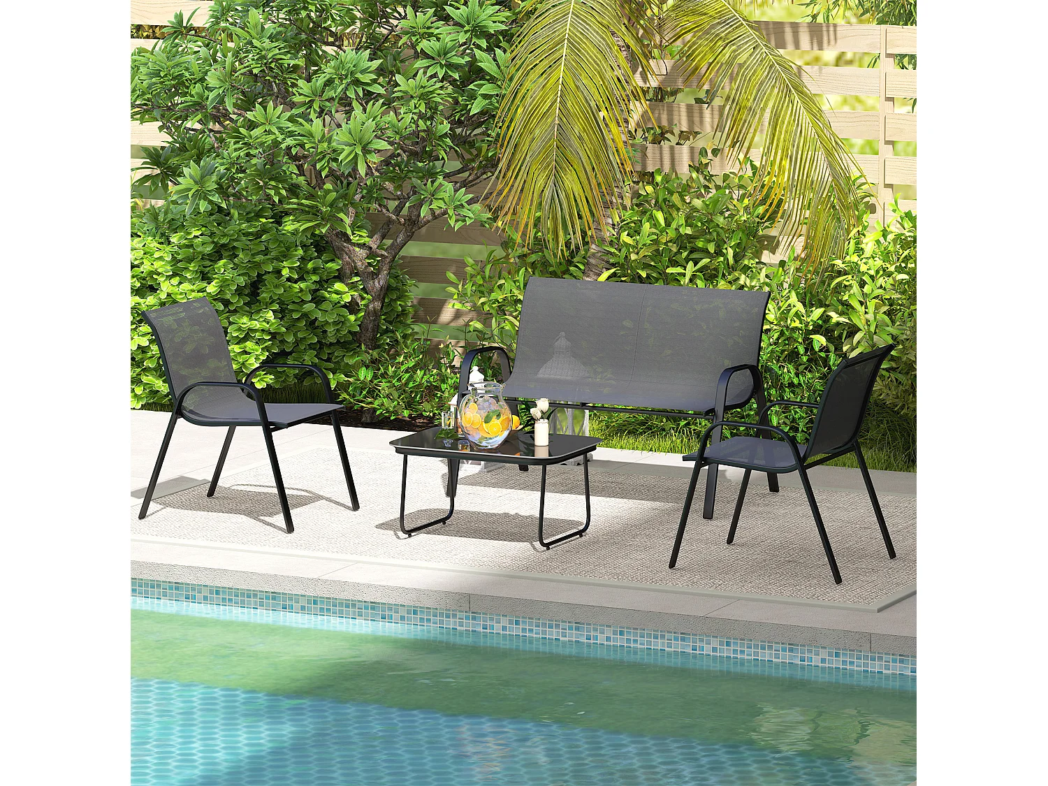 Set da giardino con divano 2 posti 2 poltroncine e tavolino nero