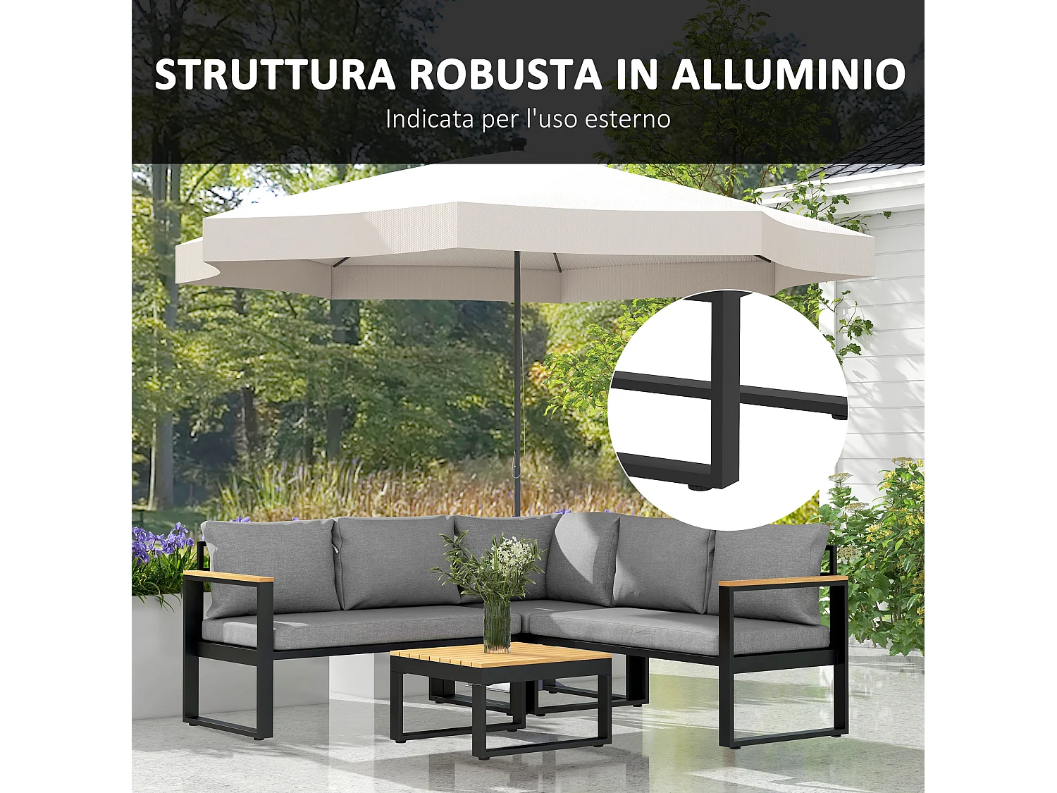 Salotto da giardino con divano 2 poltrone e tavolino grigio