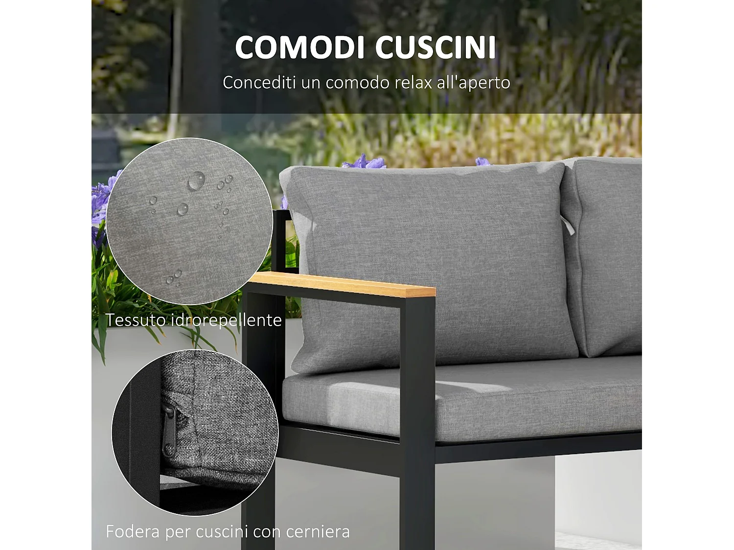 Salotto da giardino con divano 2 poltrone e tavolino grigio