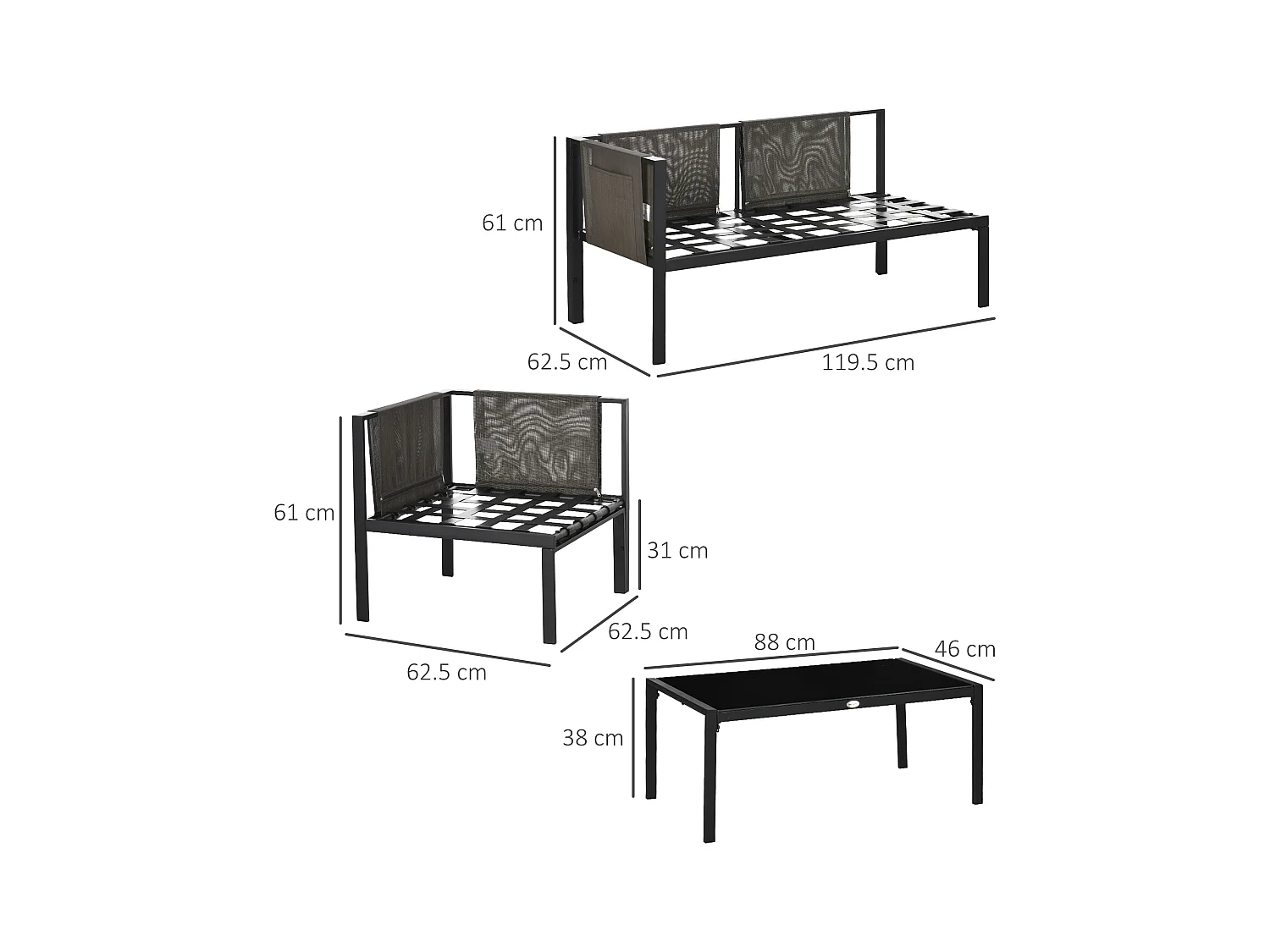 Set da giardino 2 divani poltrona angolare e tavolino basso