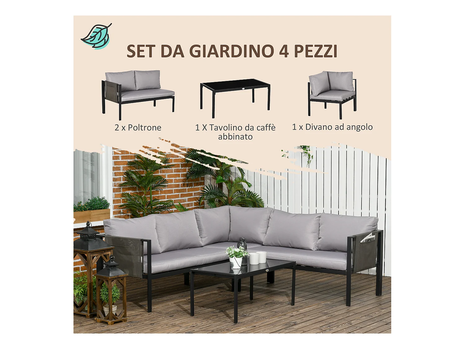 Set da giardino 2 divani poltrona angolare e tavolino basso