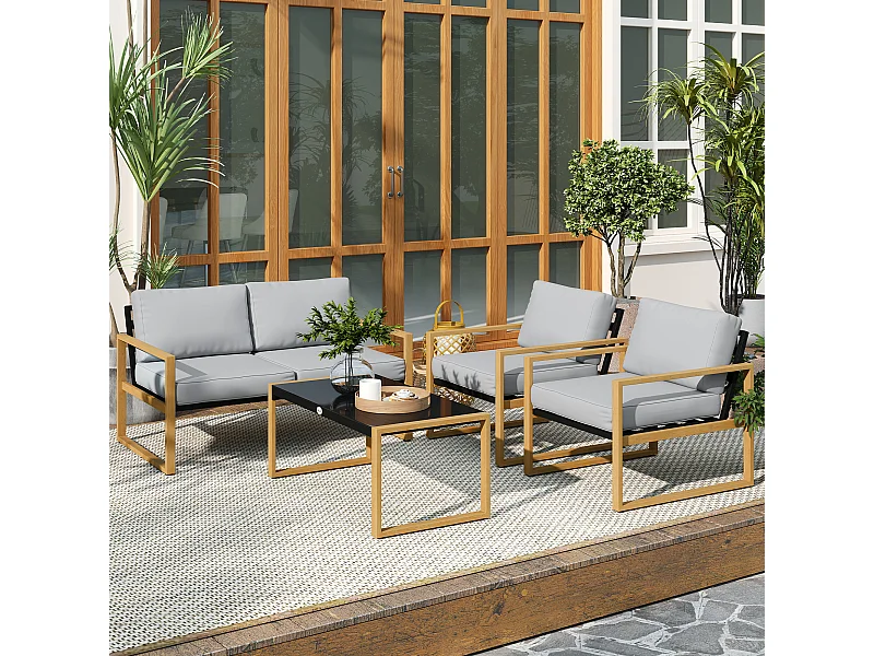 Set da giardino 4pz con 2 poltrone divanetto e tavolino grigio e legno