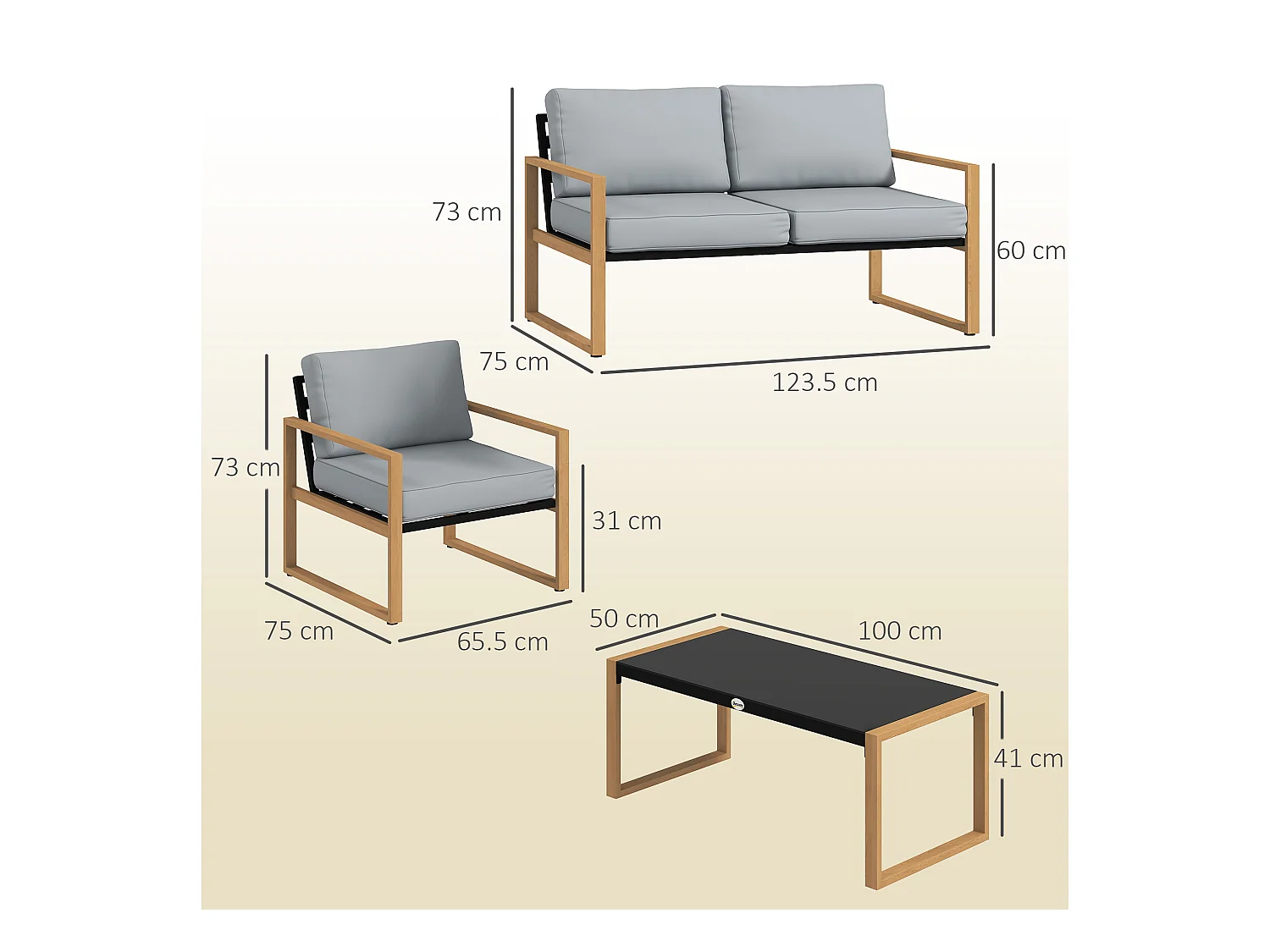 Set da giardino 4pz con 2 poltrone divanetto e tavolino grigio e legno