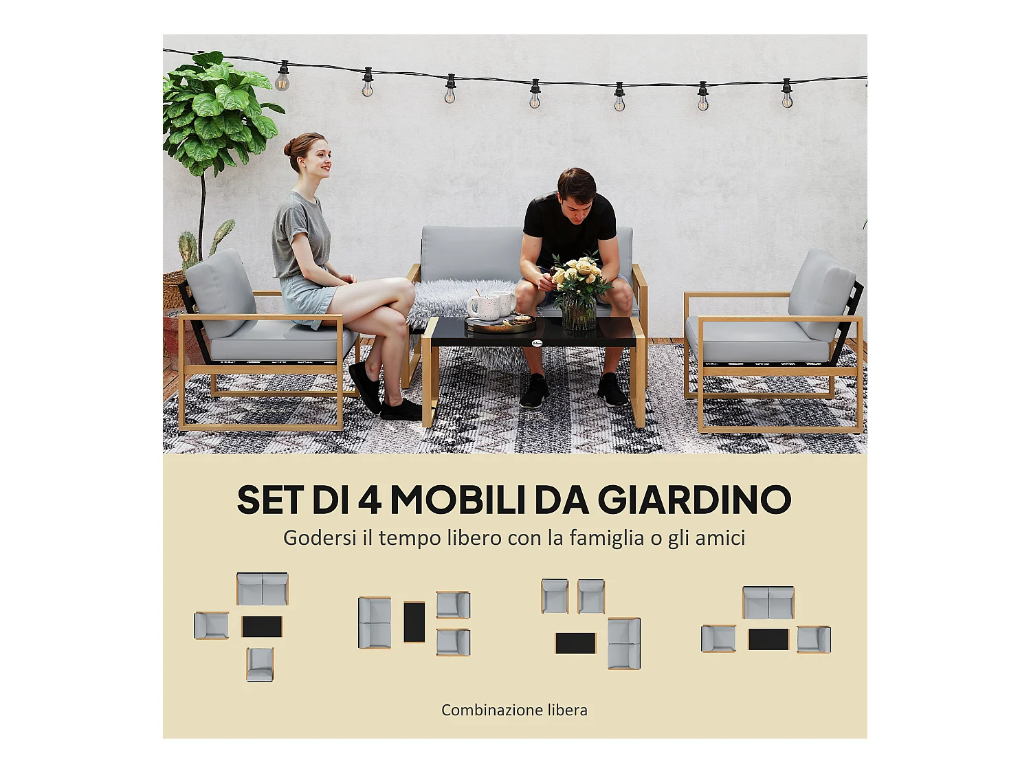 Set da giardino 4pz con 2 poltrone divanetto e tavolino grigio e legno