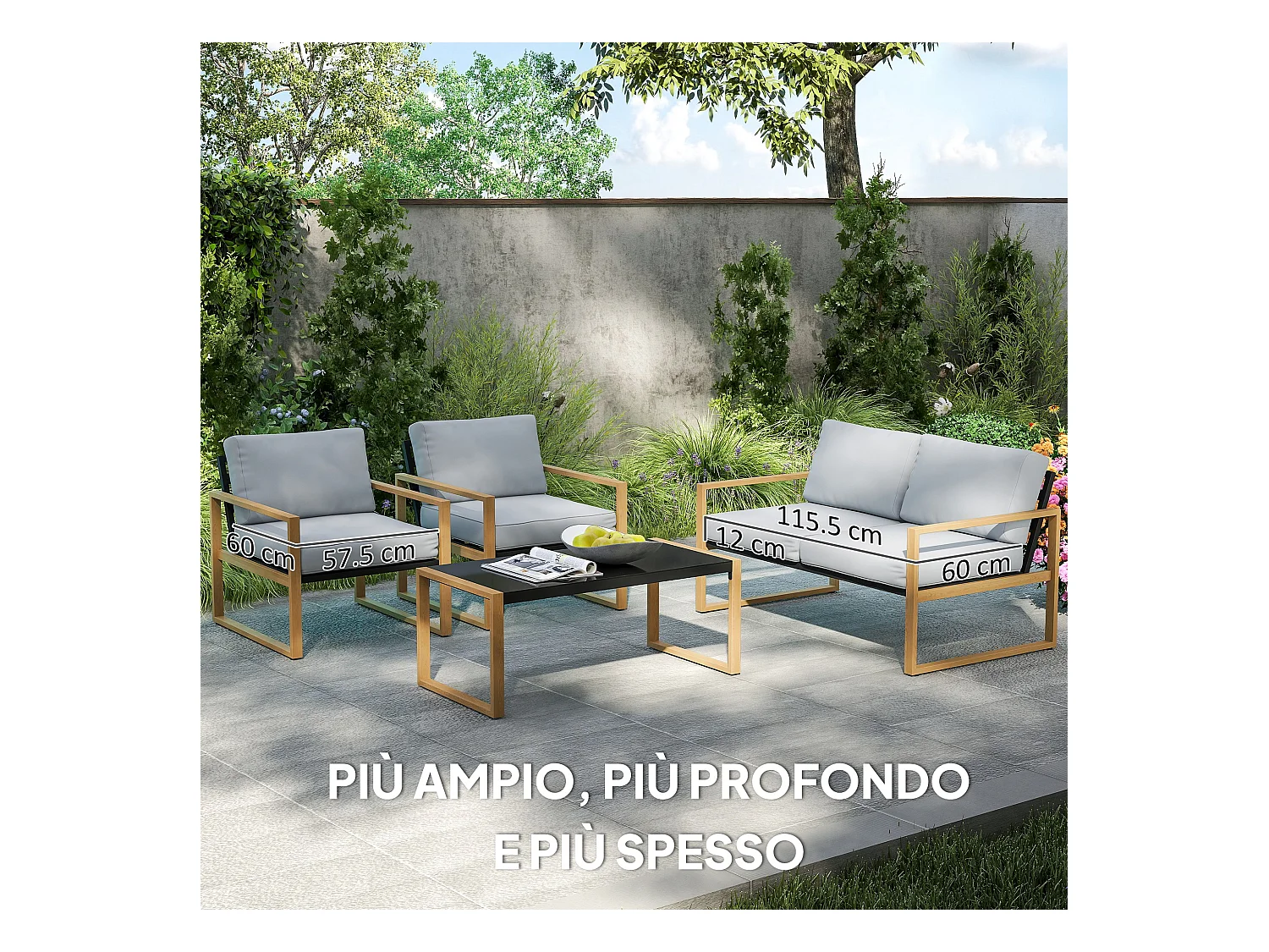 Set da giardino 4pz con 2 poltrone divanetto e tavolino grigio e legno