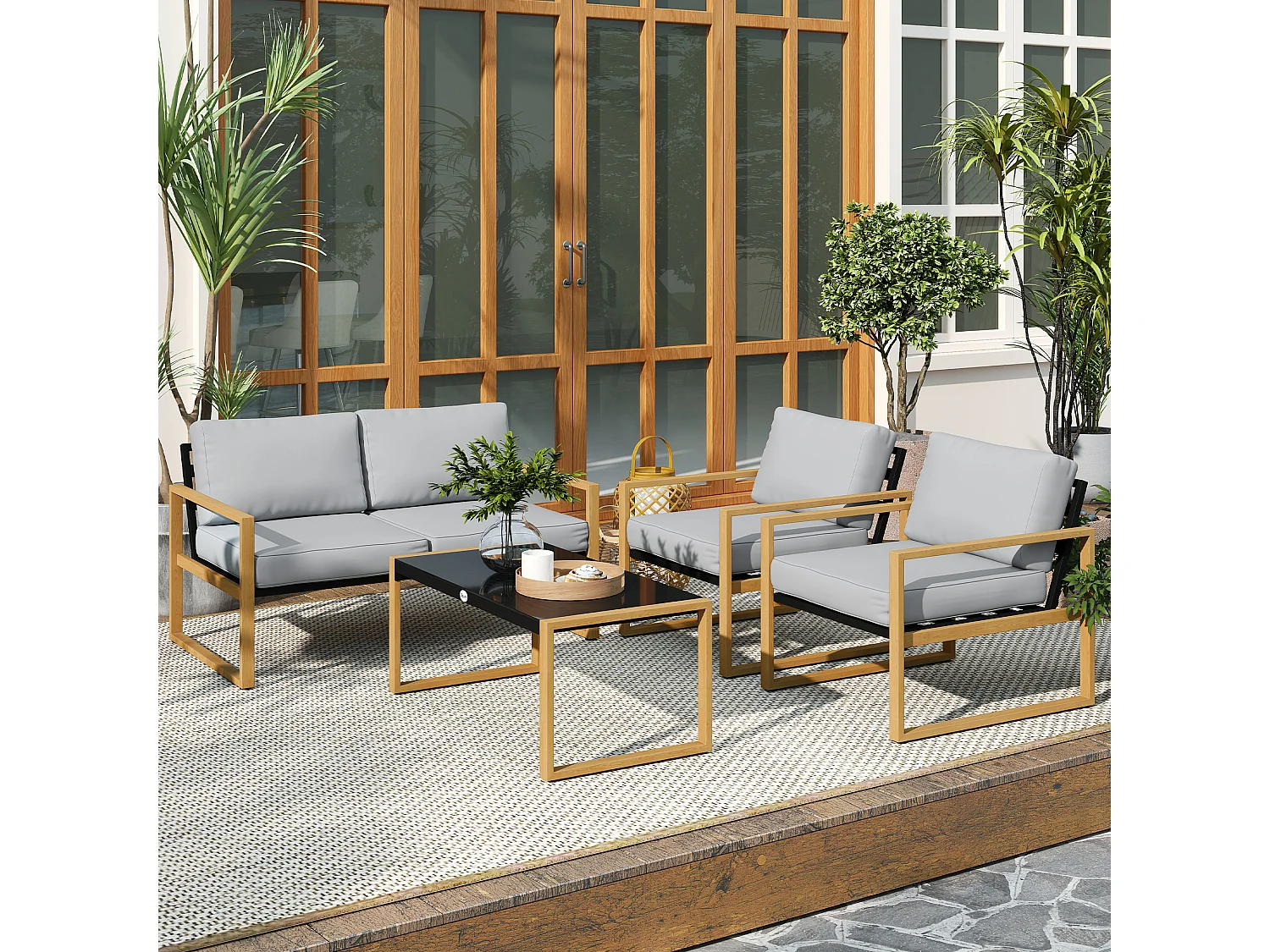 Set da giardino 4pz con 2 poltrone divanetto e tavolino grigio e legno