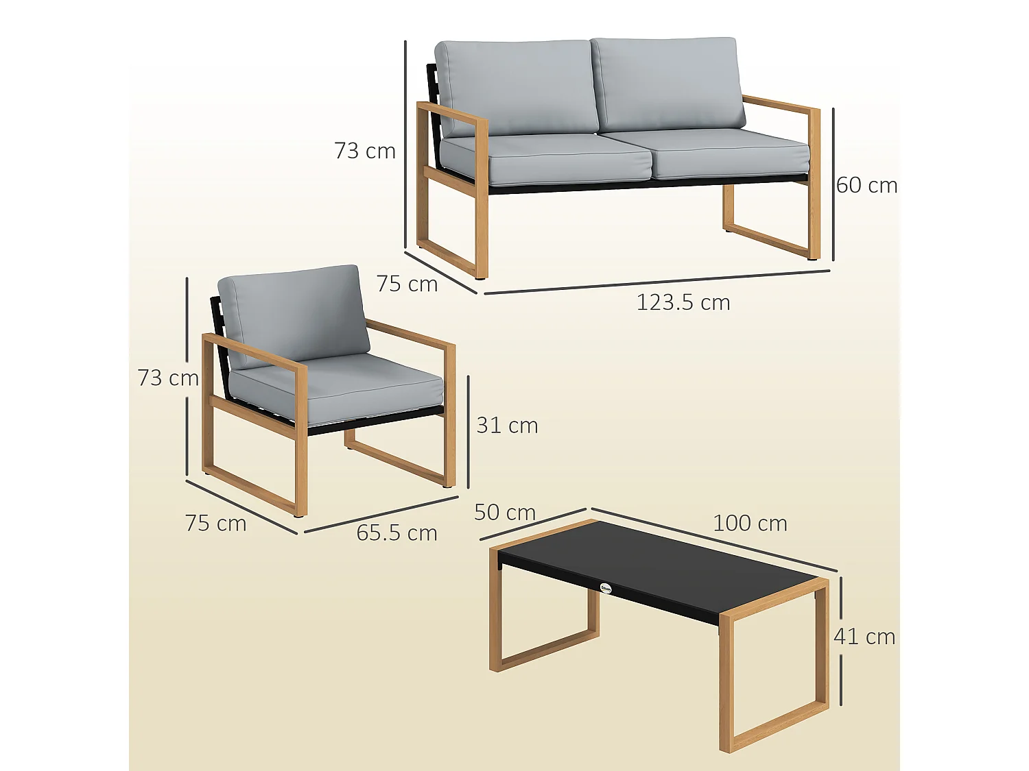 Set da giardino 4pz con 2 poltrone divanetto e tavolino grigio e legno