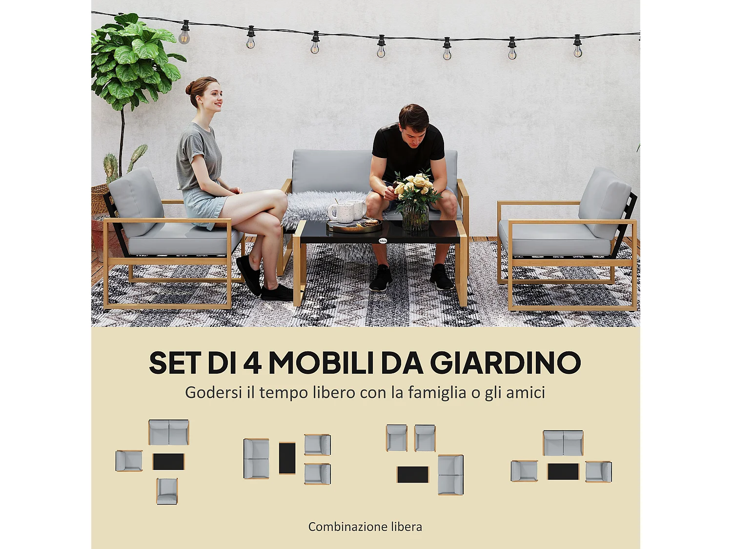 Set da giardino 4pz con 2 poltrone divanetto e tavolino grigio e legno