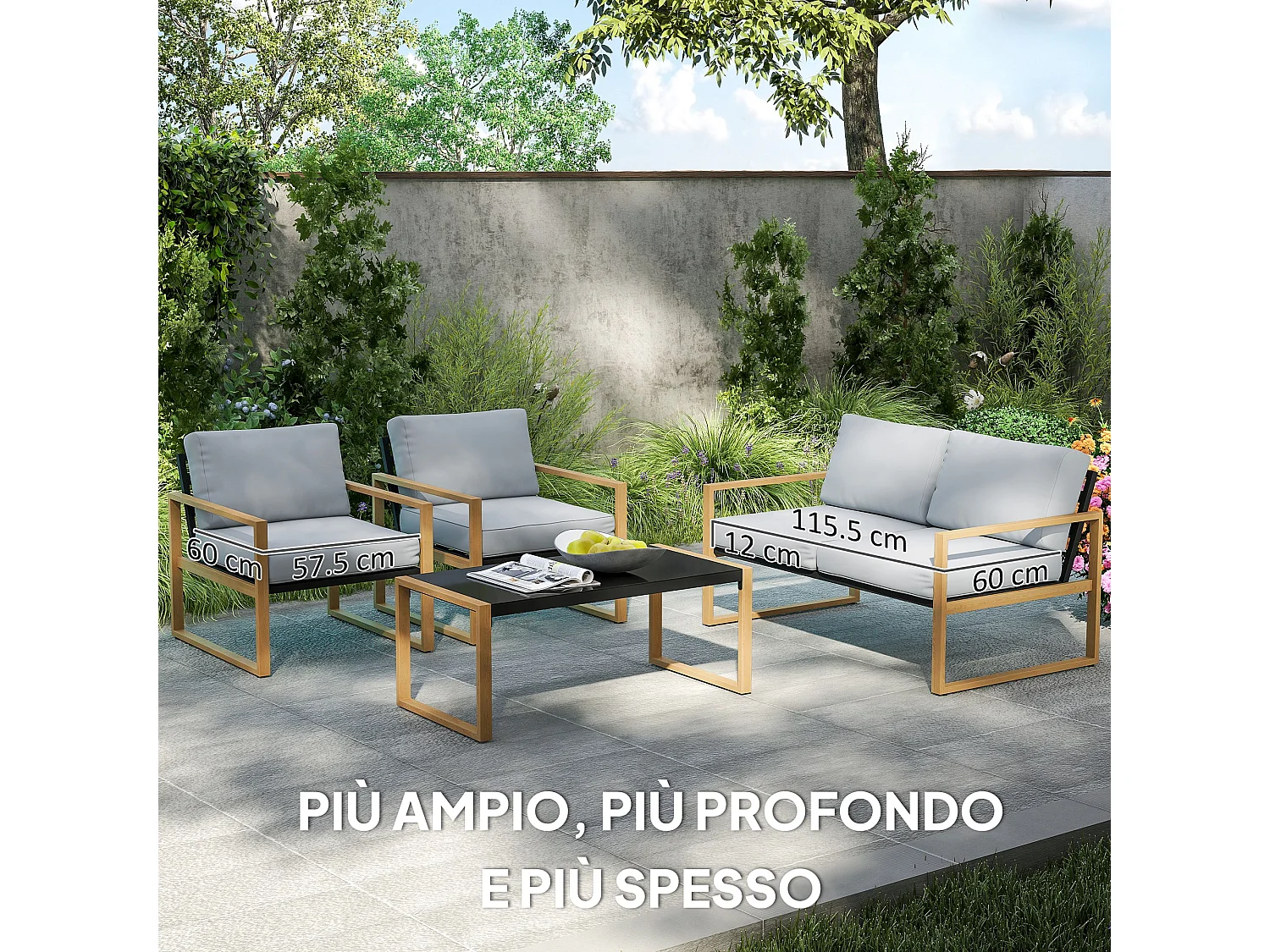 Set da giardino 4pz con 2 poltrone divanetto e tavolino grigio e legno