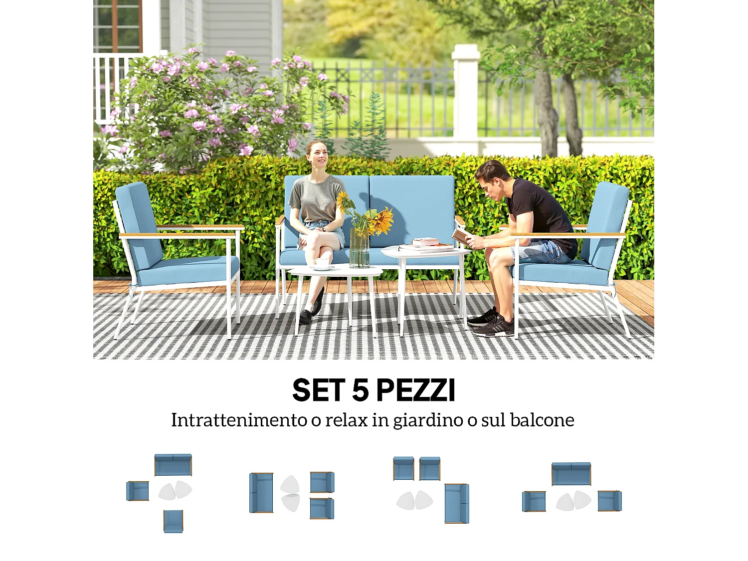 Set da esterno con divanetto 2 posti 2 poltrone e 2 tavolini azzurro