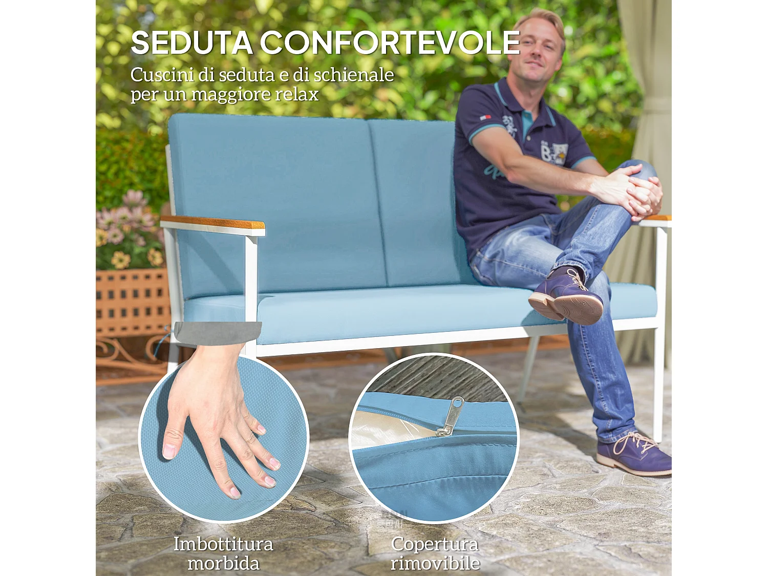 Set da esterno con divanetto 2 posti 2 poltrone e 2 tavolini azzurro