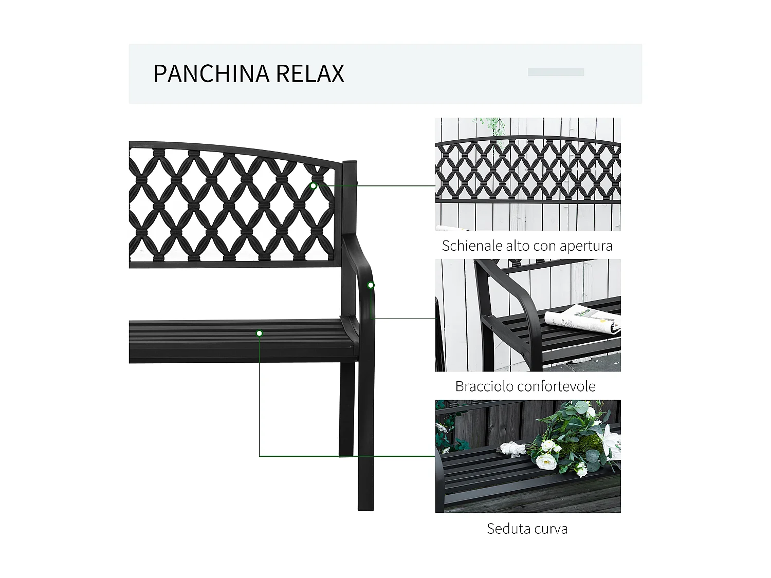 Panchina da esterno 2 posti con braccioli in acciaio e ghisa