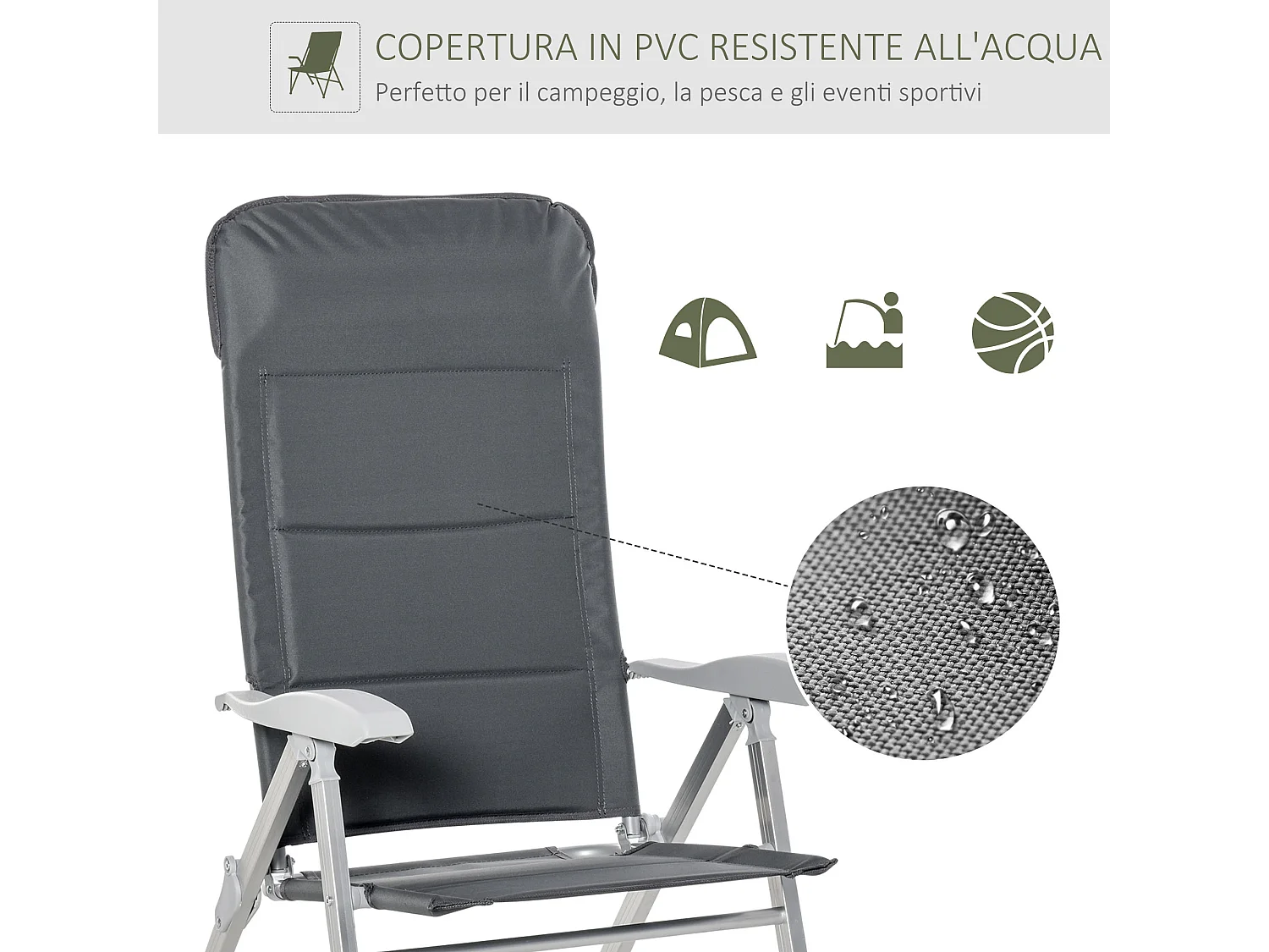 Sedia da pesca pieghevole con braccioli e schienale regolabile grigio
