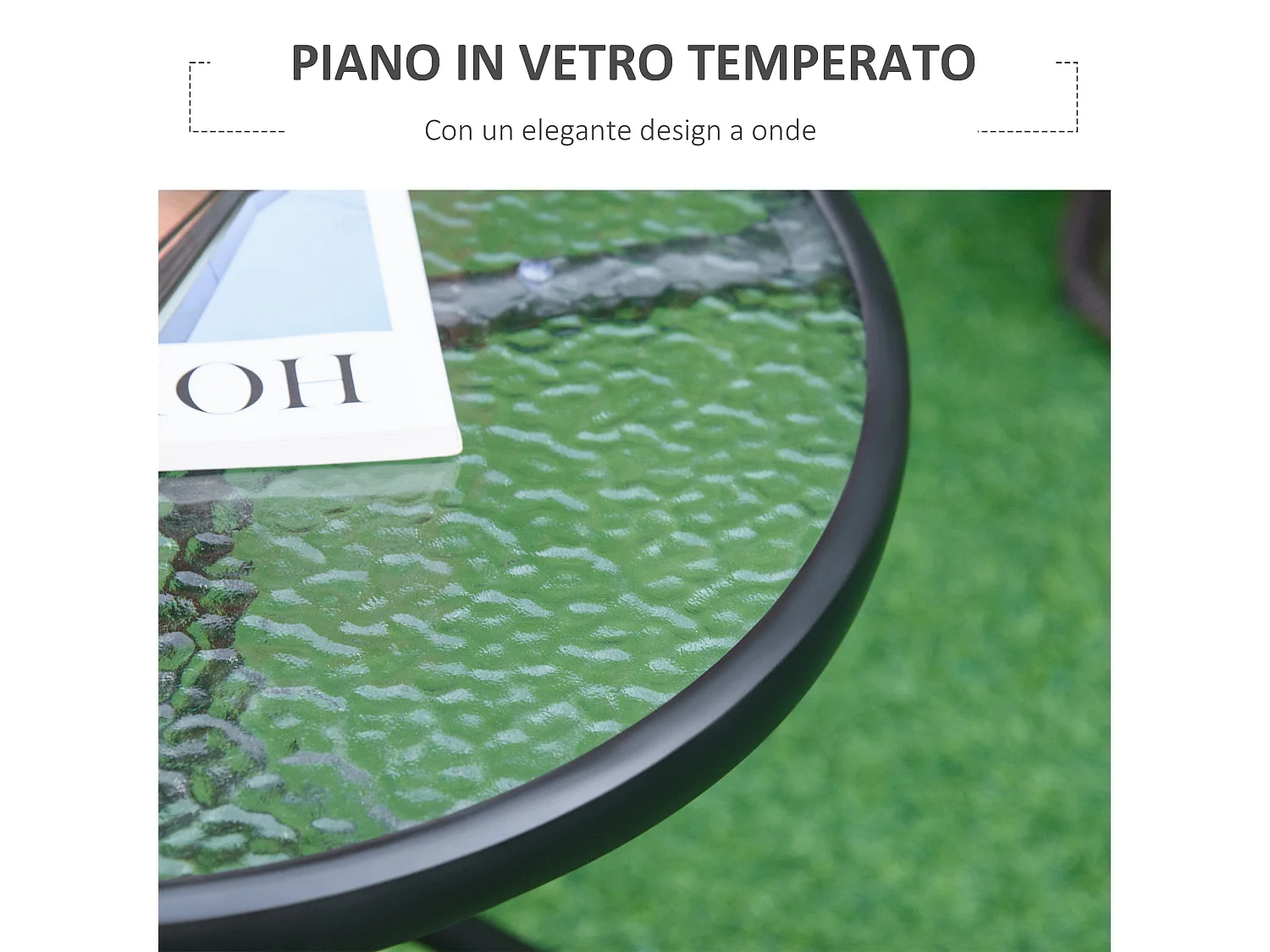 Tavolino da giardino rotondo ripiano vetro struttura metallo