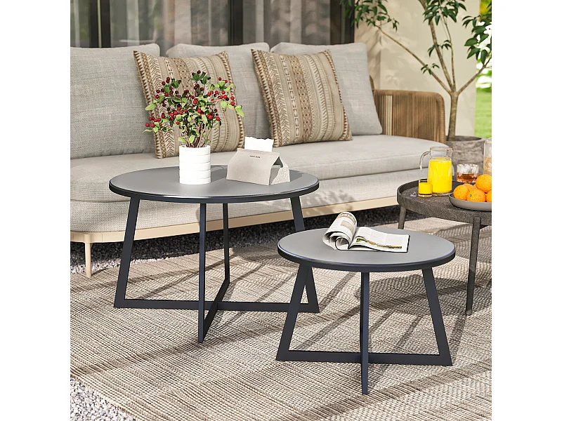 Set 2 tavolini per esterni con piano in vetro temperato grigio