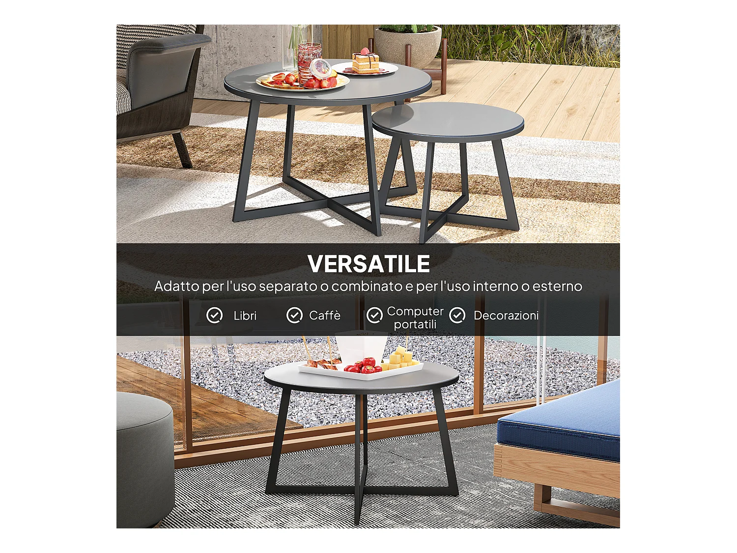Set 2 tavolini per esterni con piano in vetro temperato grigio