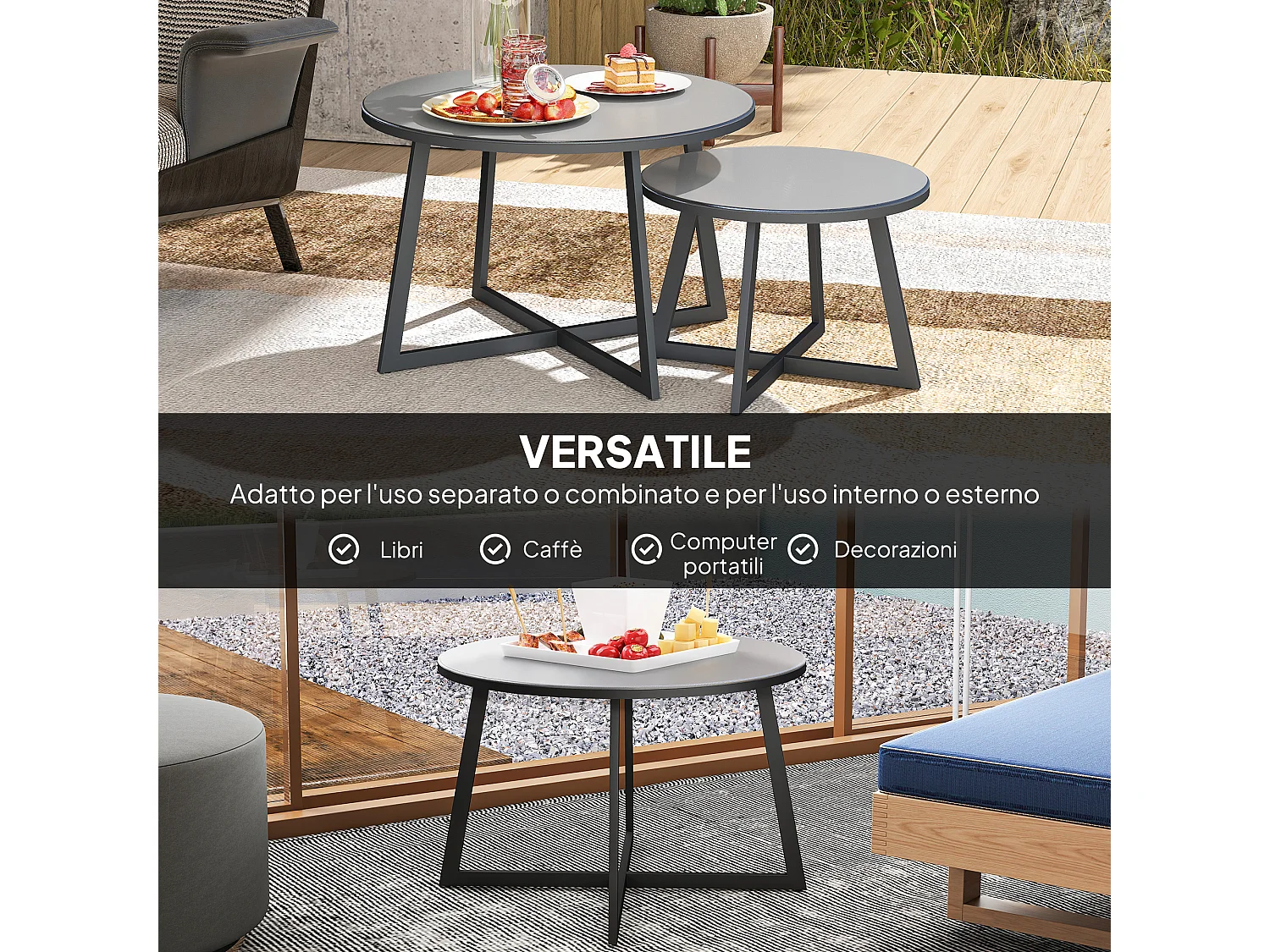 Set 2 tavolini per esterni con piano in vetro temperato grigio