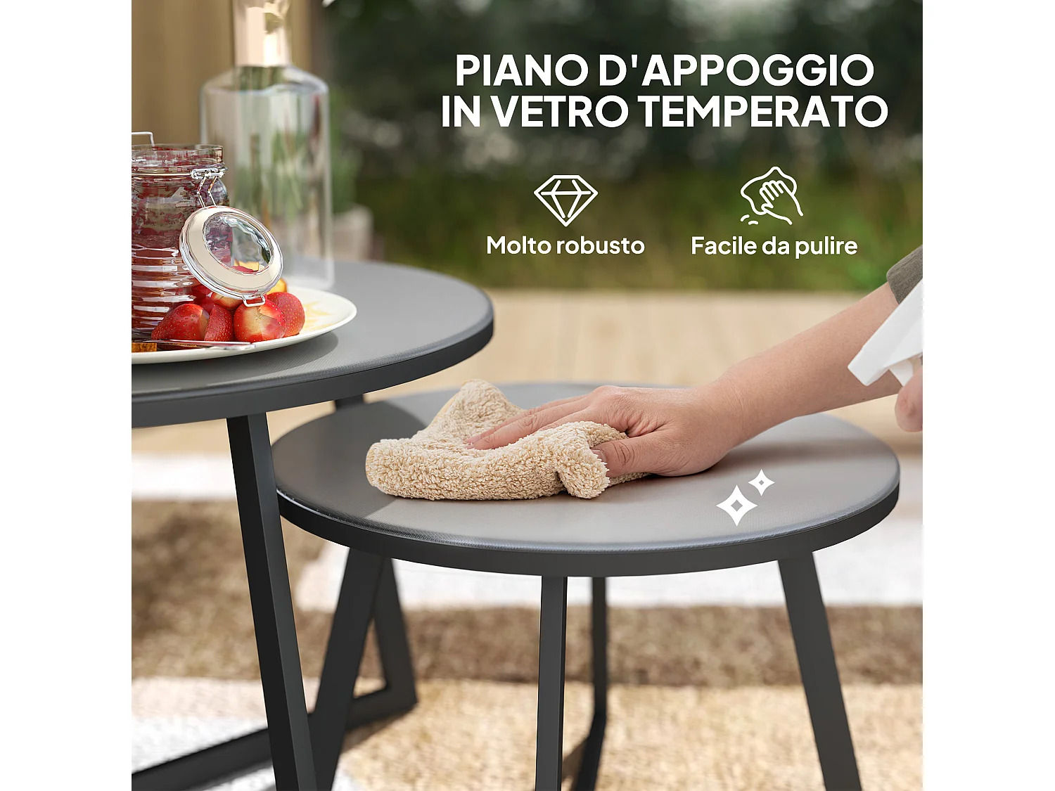 Set 2 tavolini per esterni con piano in vetro temperato grigio