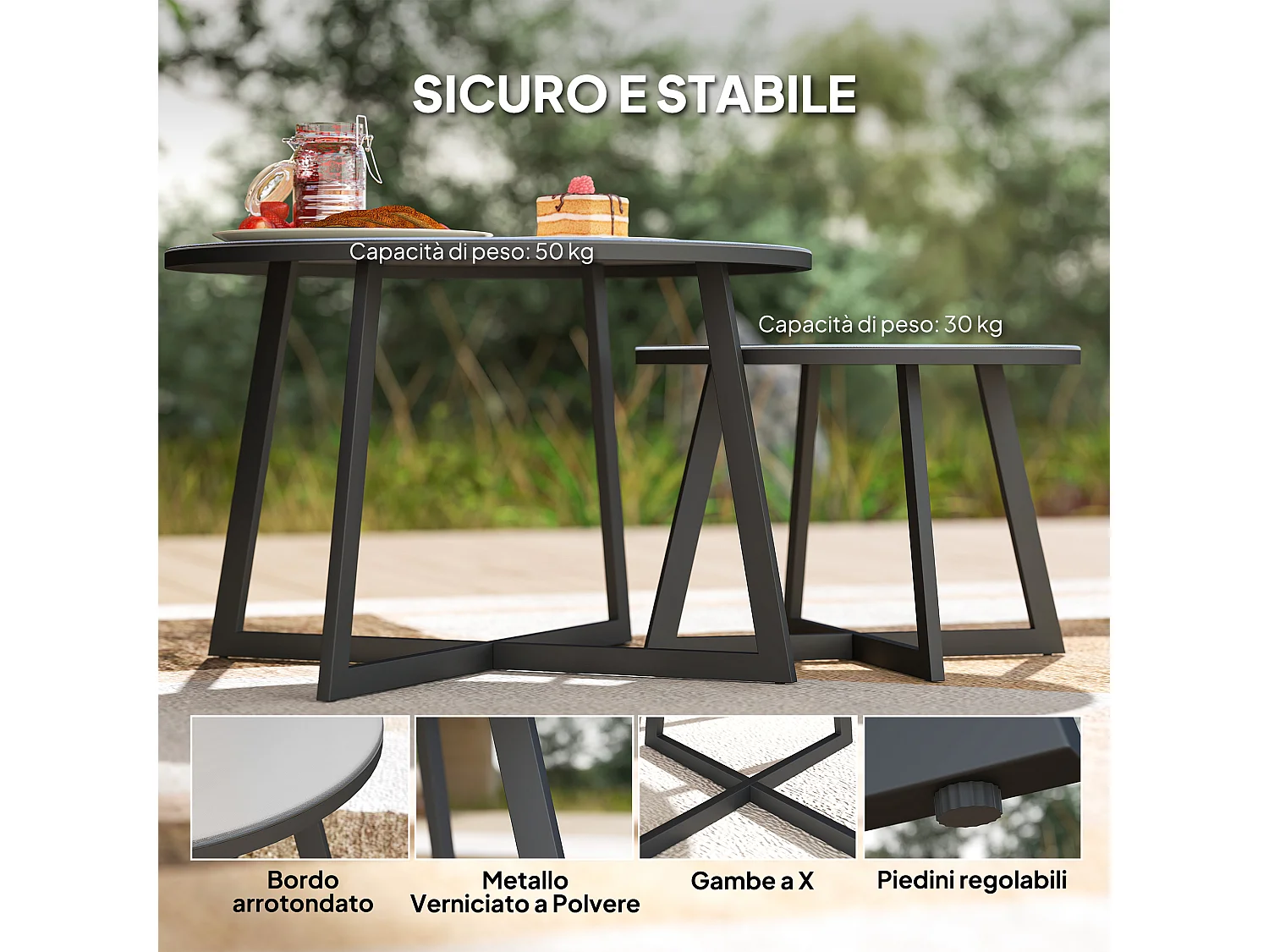 Set 2 tavolini per esterni con piano in vetro temperato grigio