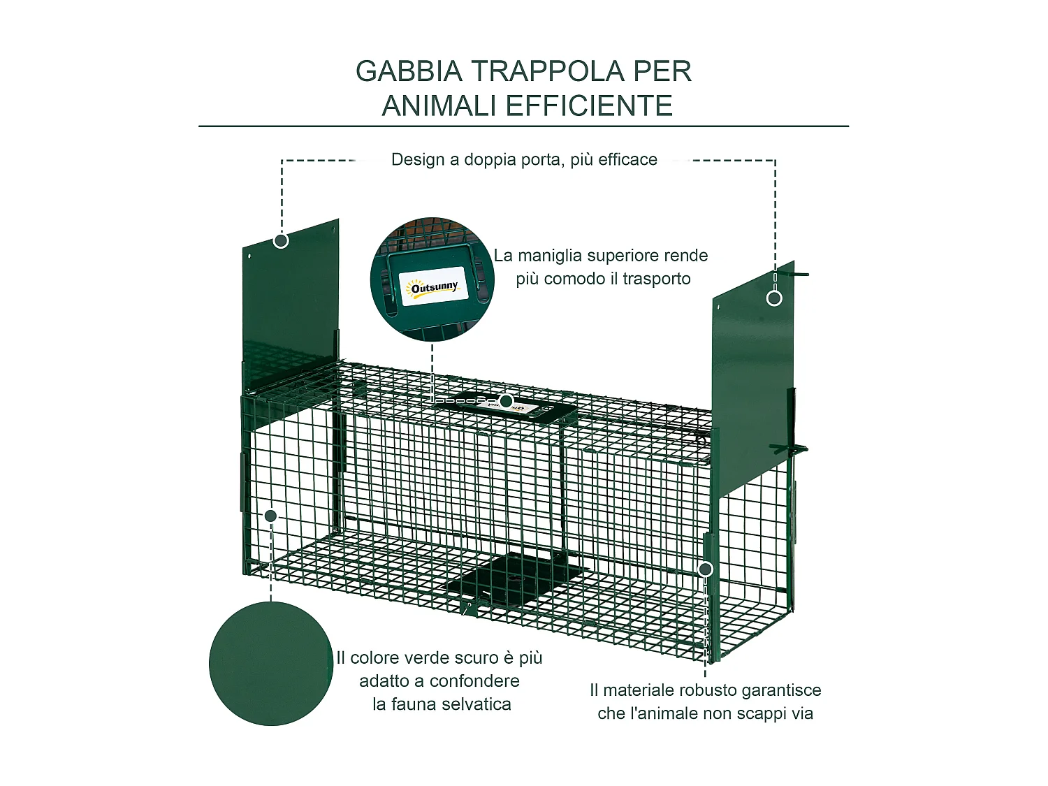 Gabbia trappola per animali vivi piccoli con doppia porta 80x25x30cm