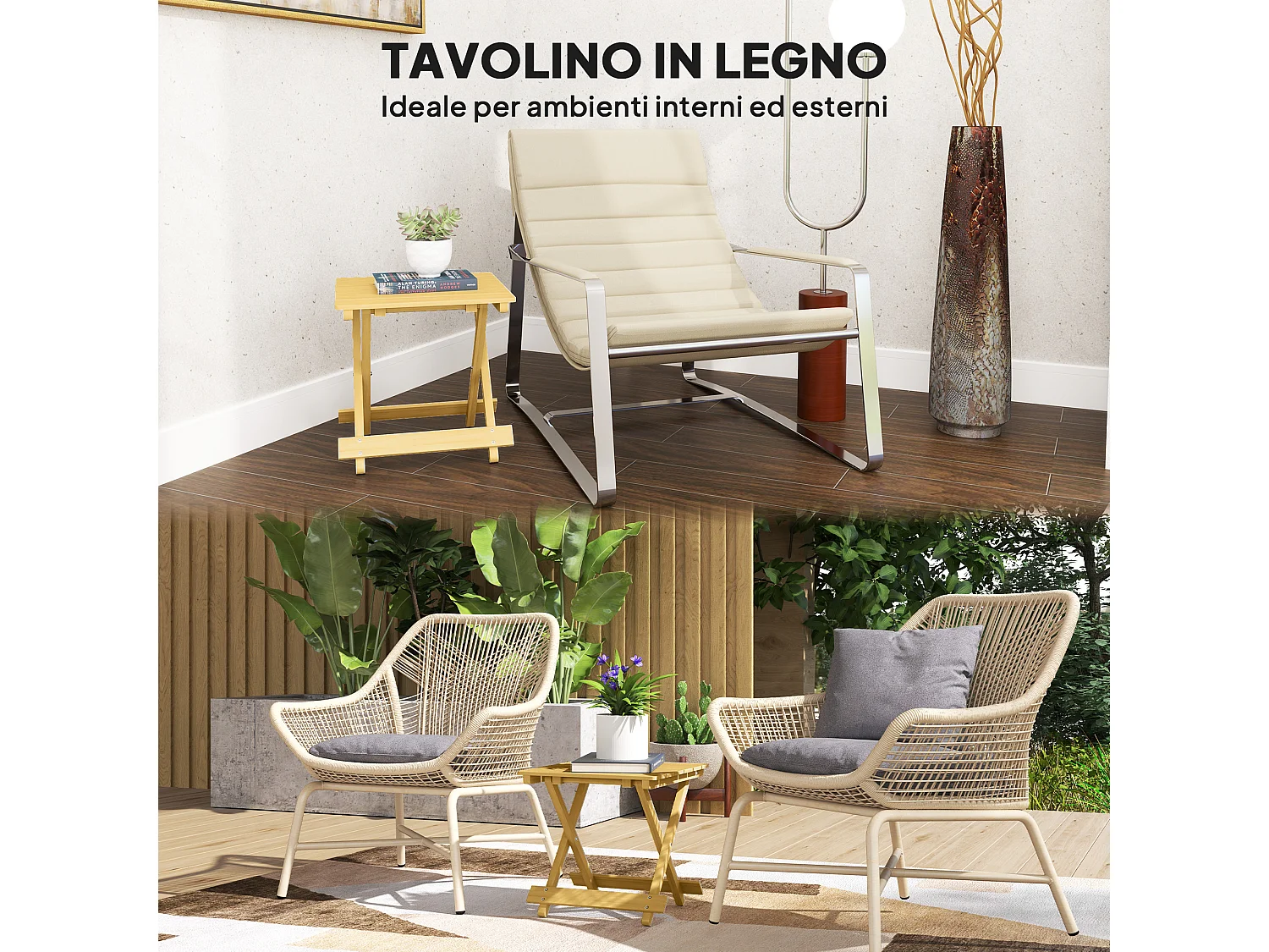 Tavolino da esterno e interno pieghevole a doghe in legno
