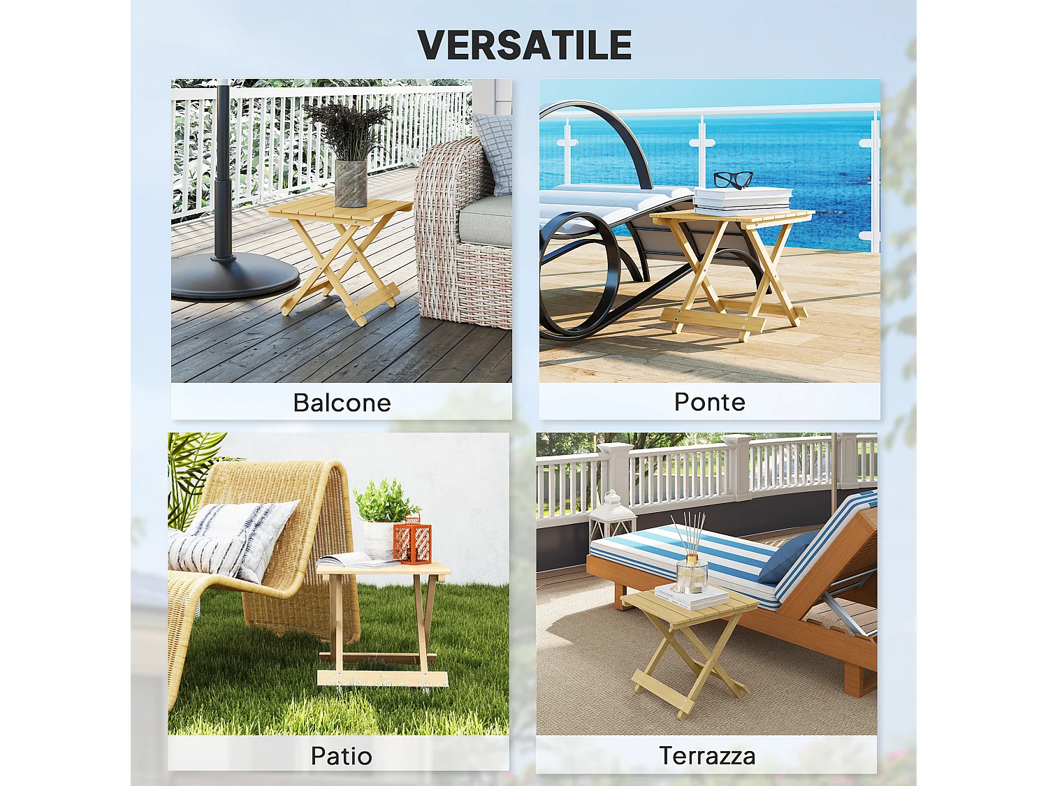 Tavolino da esterno e interno pieghevole a doghe in legno