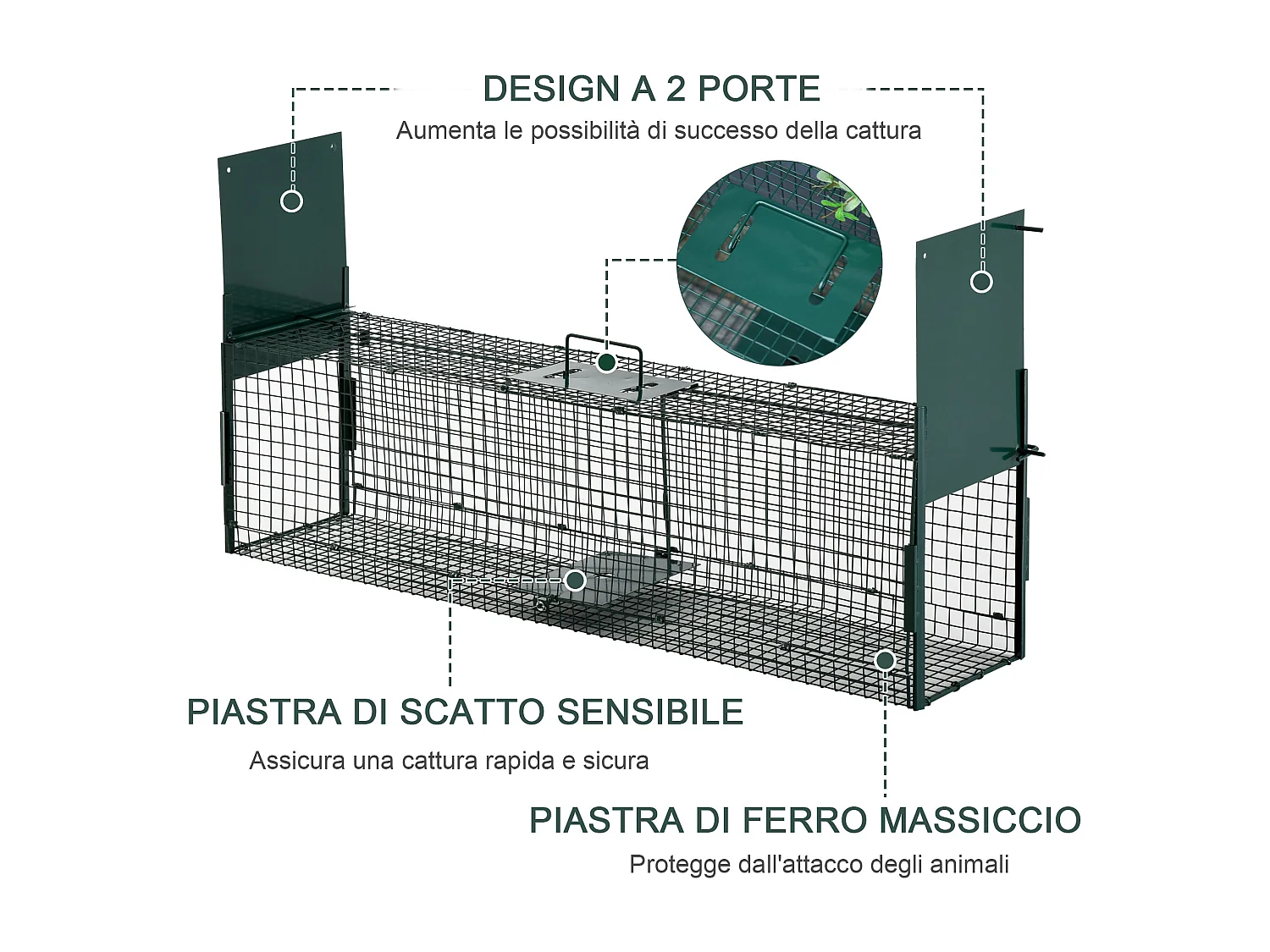 Gabbia trappola per ratti e topi con doppia porta 100x25x28cm
