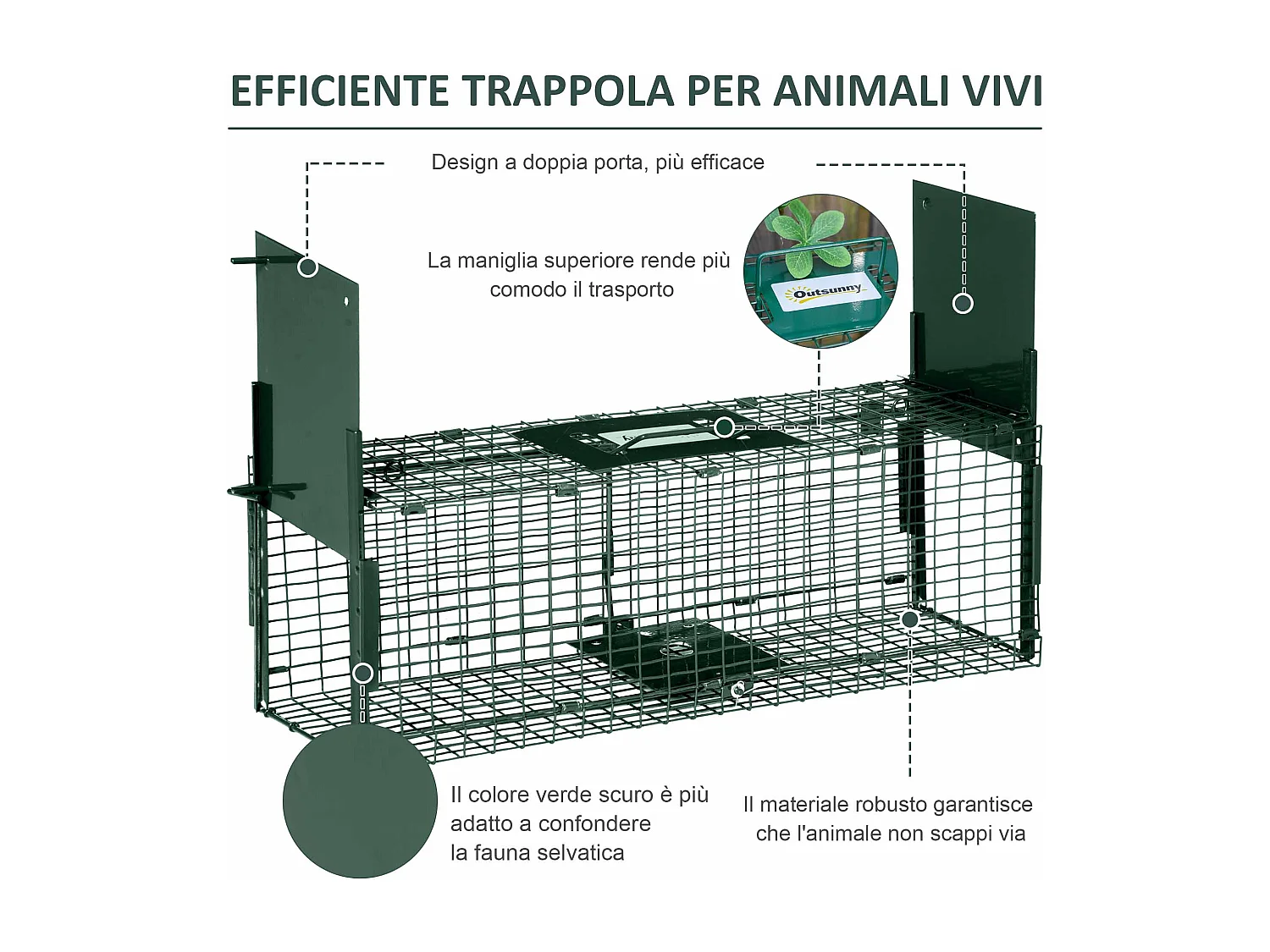 Gabbia trappola per animali vivi piccoli con doppia porta 60x18x20cm