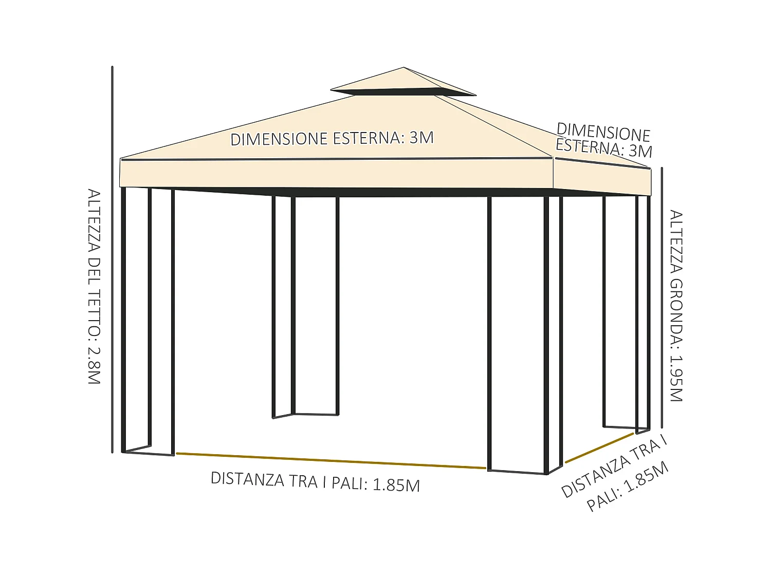Gazebo da esterno 3x3m con zanzariera e telaio in acciaio