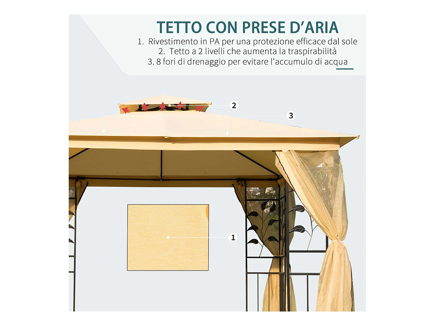 Gazebo da esterno 3x3m con zanzariera e telaio in acciaio