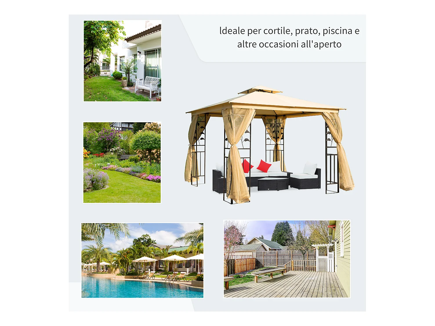 Gazebo da esterno 3x3m con zanzariera e telaio in acciaio