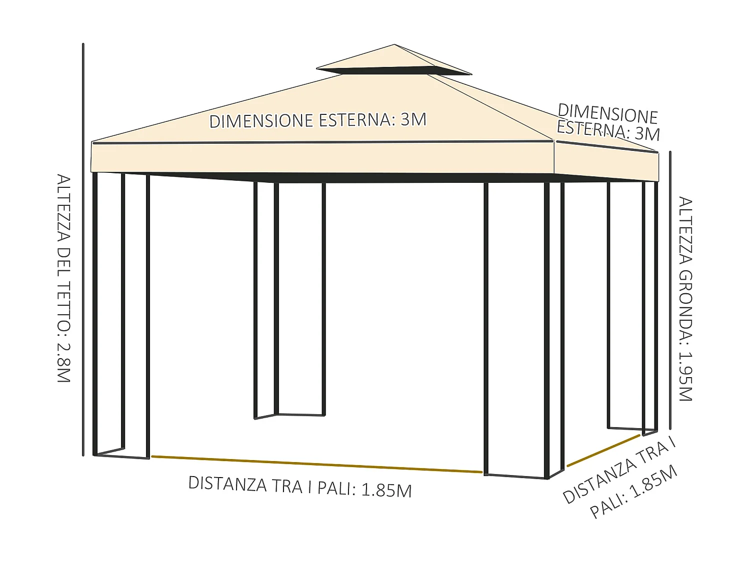 Gazebo da esterno 3x3m con zanzariera e telaio in acciaio