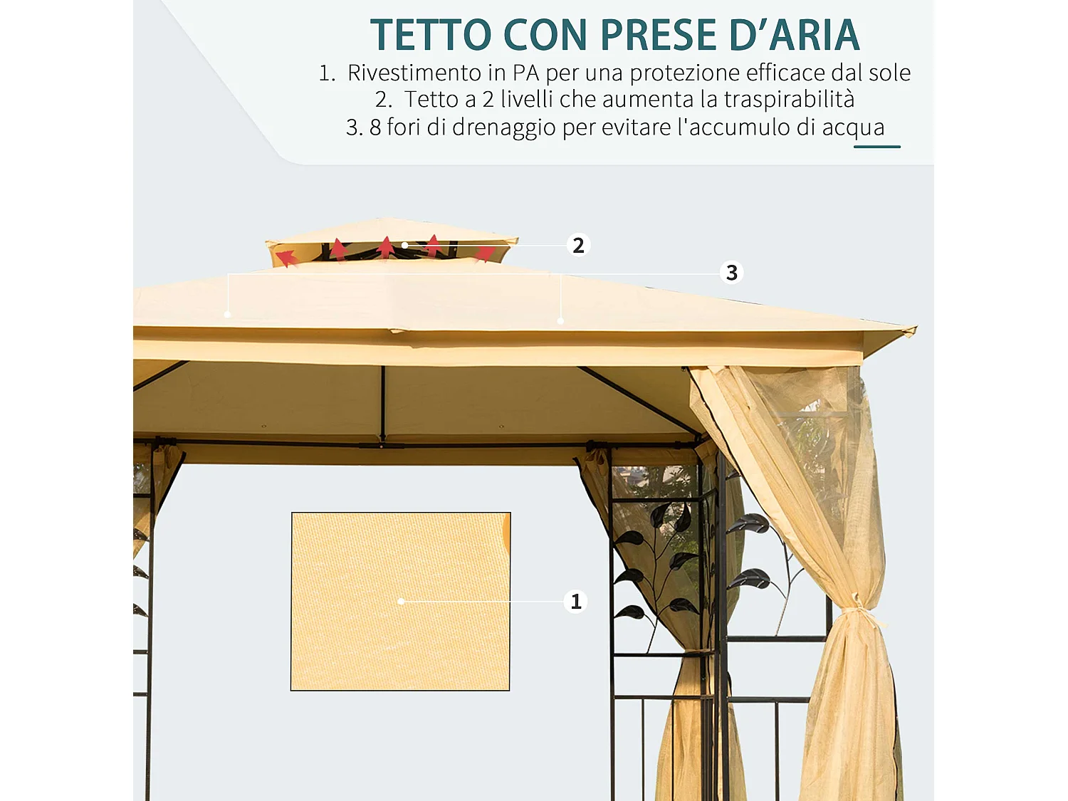Gazebo da esterno 3x3m con zanzariera e telaio in acciaio