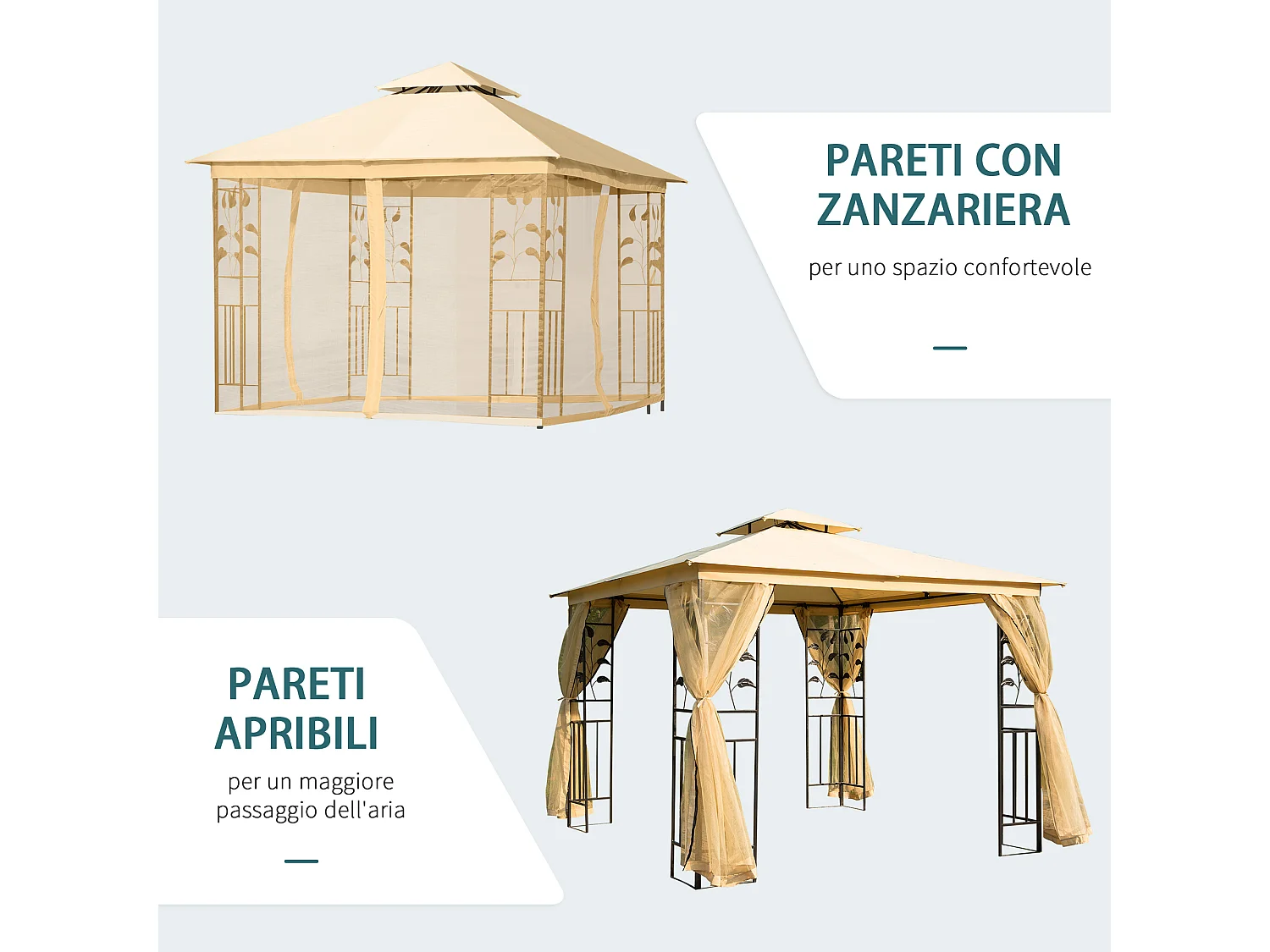 Gazebo da esterno 3x3m con zanzariera e telaio in acciaio