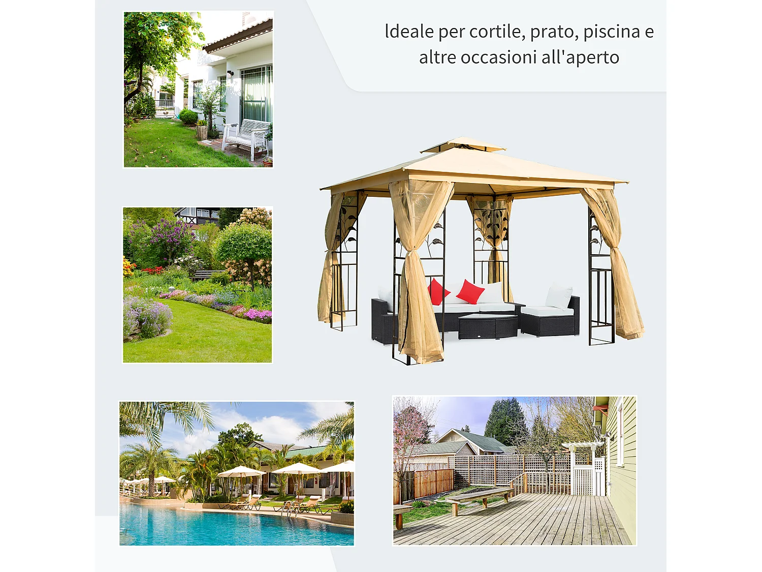 Gazebo da esterno 3x3m con zanzariera e telaio in acciaio