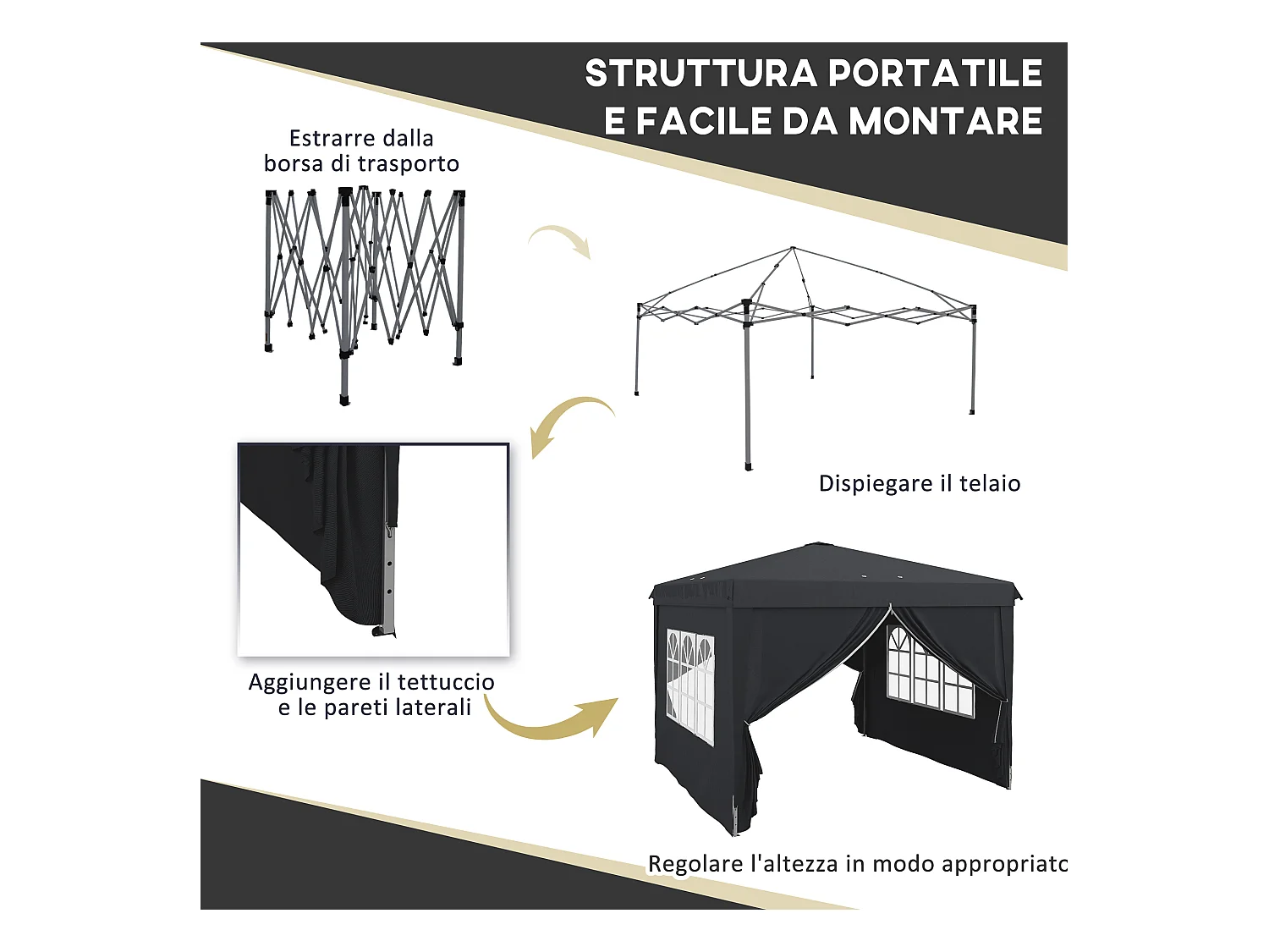 Gazebo 3x3 per 6-9 persone ad altezza regolabile grigio