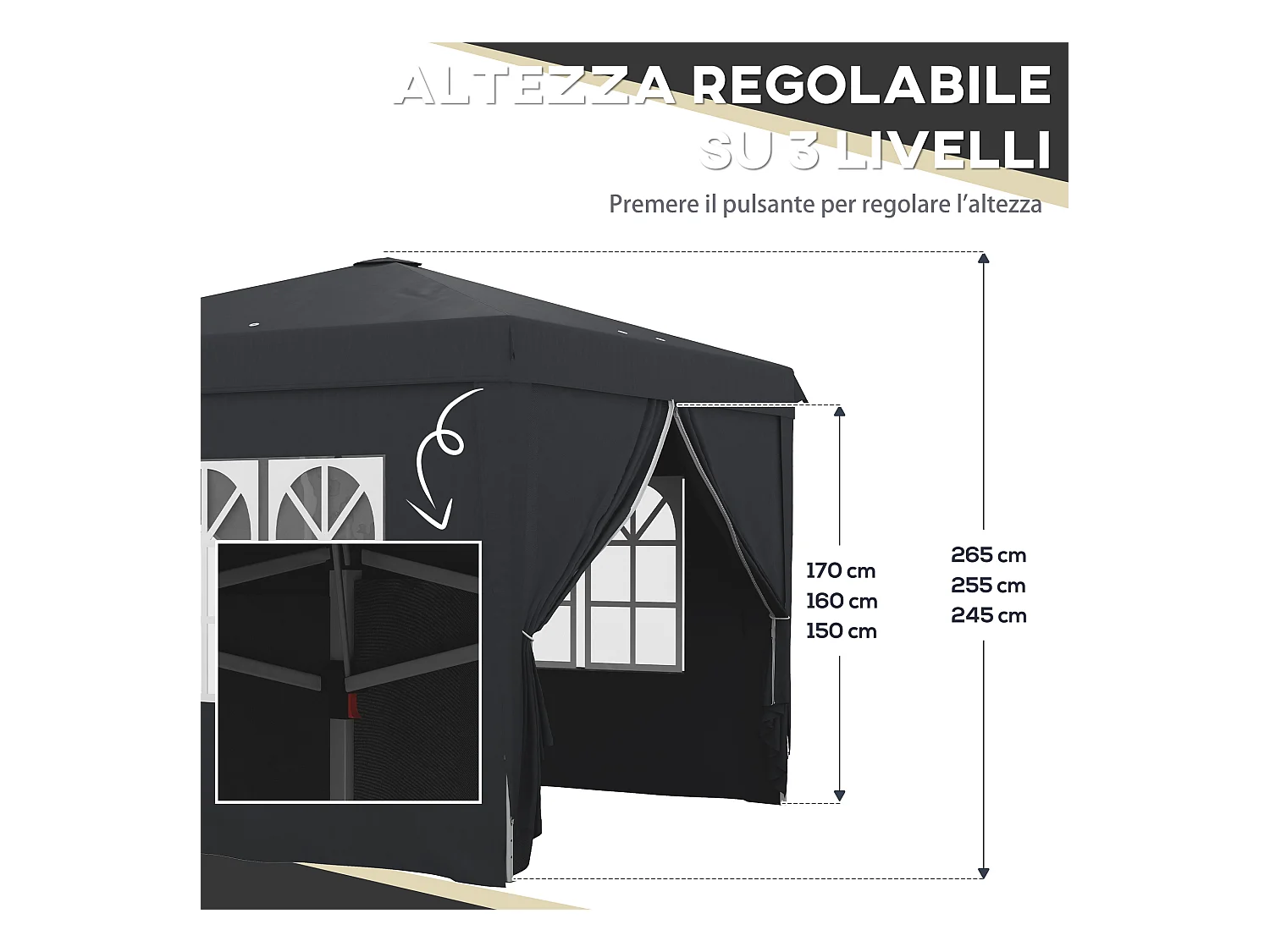 Gazebo 3x3 per 6-9 persone ad altezza regolabile grigio