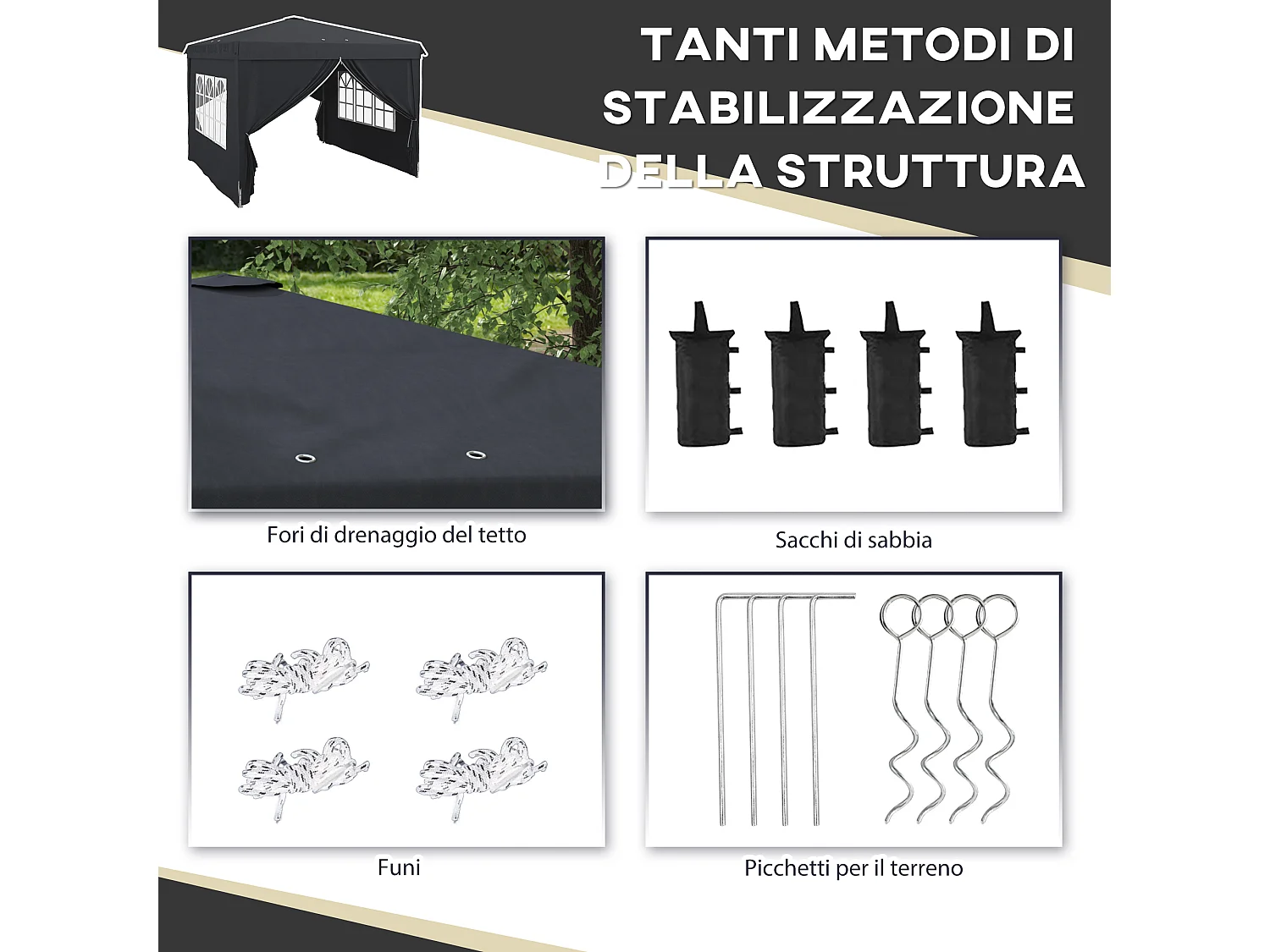 Gazebo 3x3 per 6-9 persone ad altezza regolabile grigio