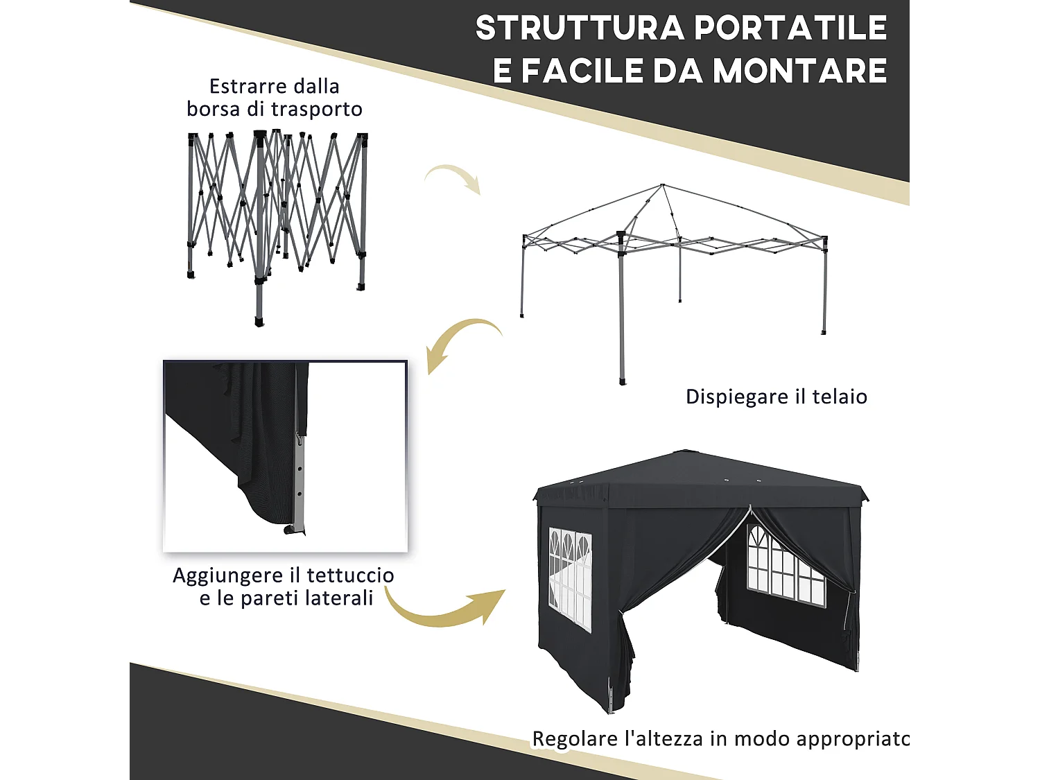 Gazebo 3x3 per 6-9 persone ad altezza regolabile grigio