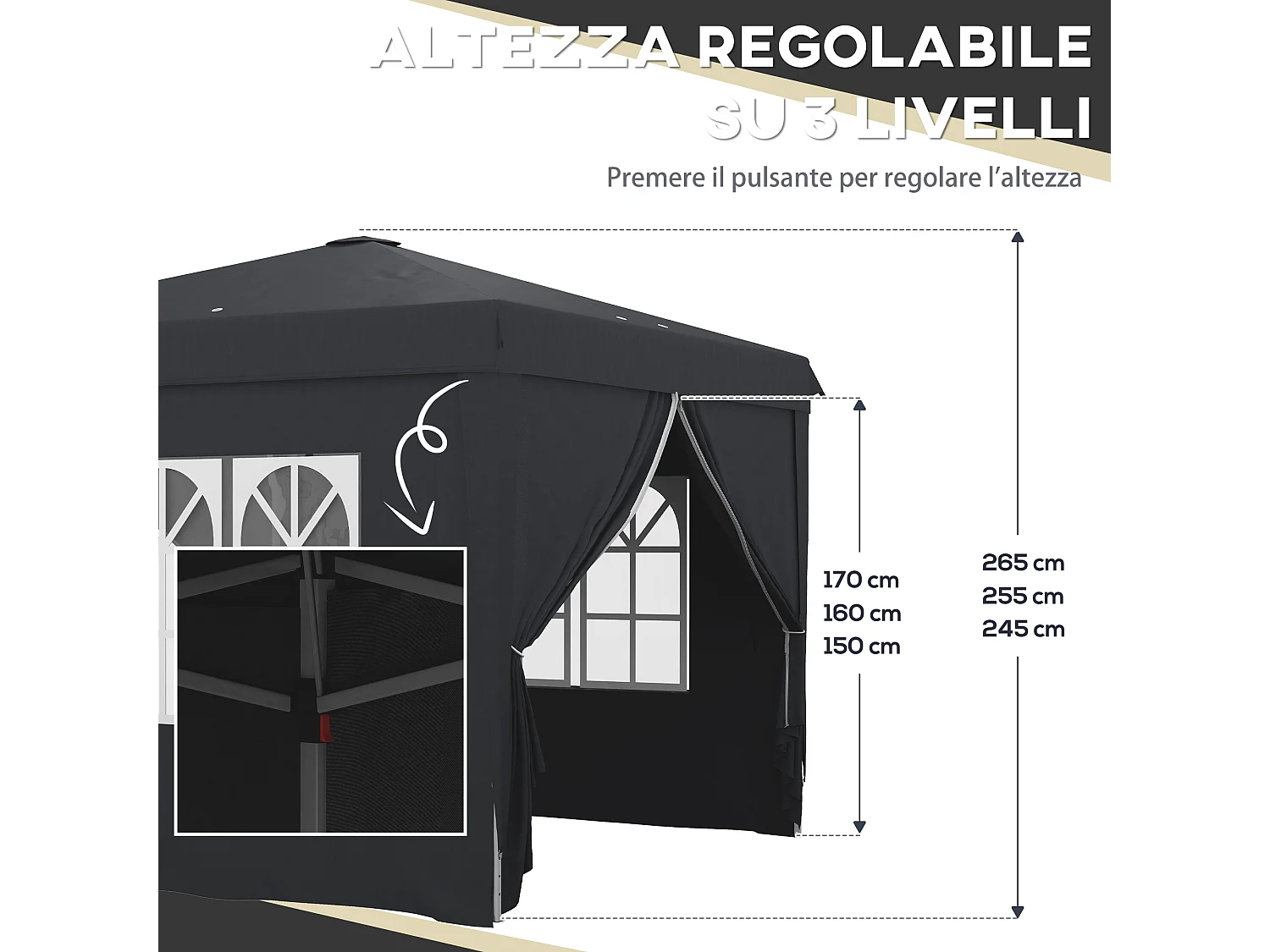 Gazebo 3x3 per 6-9 persone ad altezza regolabile grigio