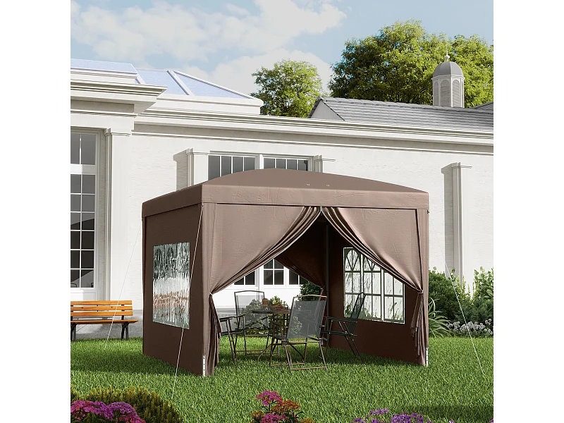 Gazebo da esterno 3x3 m pieghevole con 4 pannelli laterali color caffè