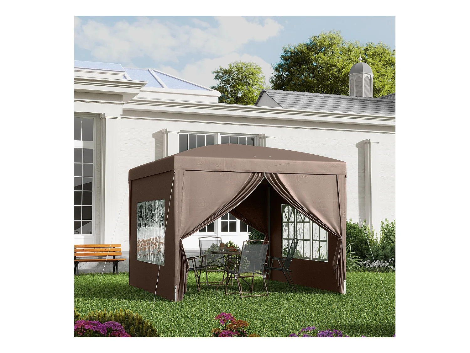 Gazebo da esterno 3x3 m pieghevole con 4 pannelli laterali color caffè