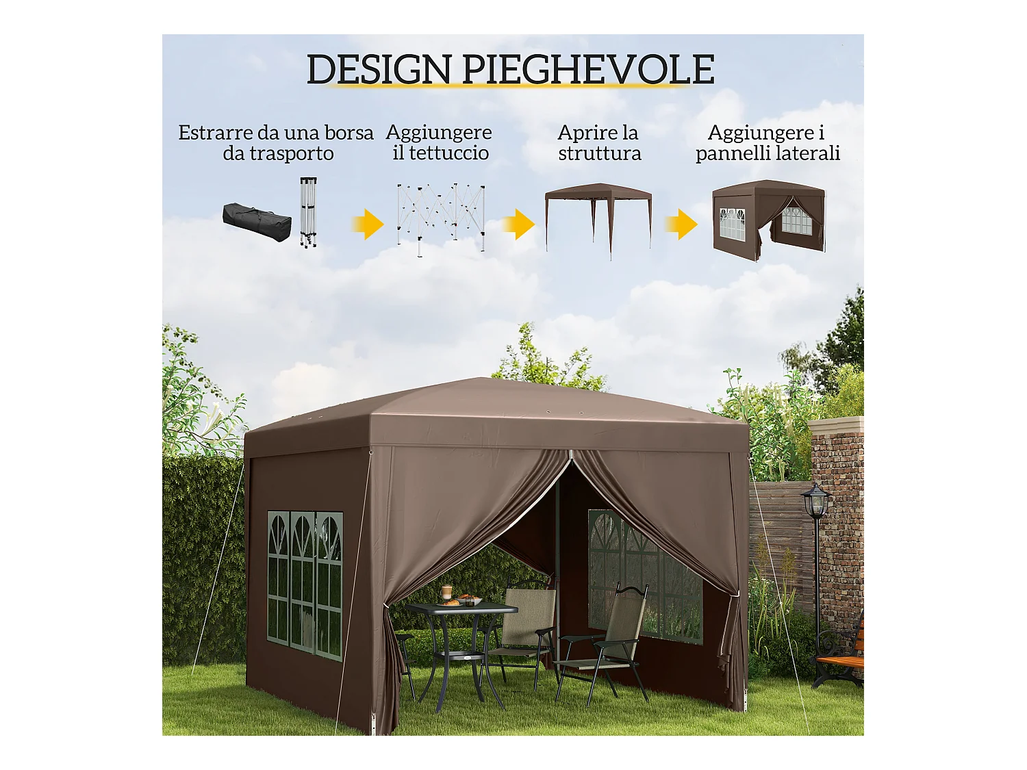 Gazebo da esterno 3x3 m pieghevole con 4 pannelli laterali color caffè