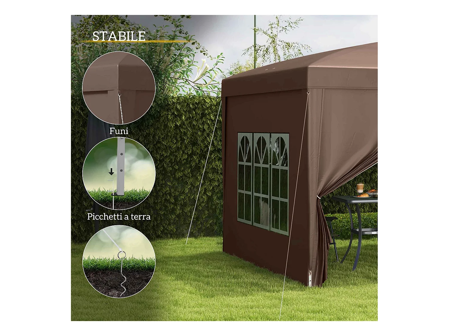 Gazebo da esterno 3x3 m pieghevole con 4 pannelli laterali color caffè