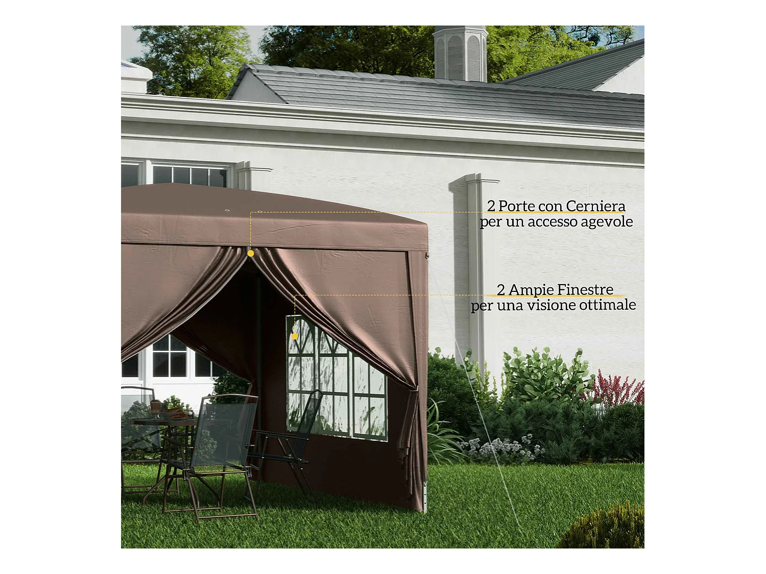 Gazebo da esterno 3x3 m pieghevole con 4 pannelli laterali color caffè