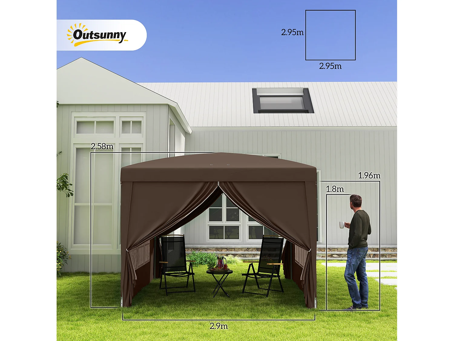 Gazebo da esterno 3x3 m pieghevole con 4 pannelli laterali color caffè