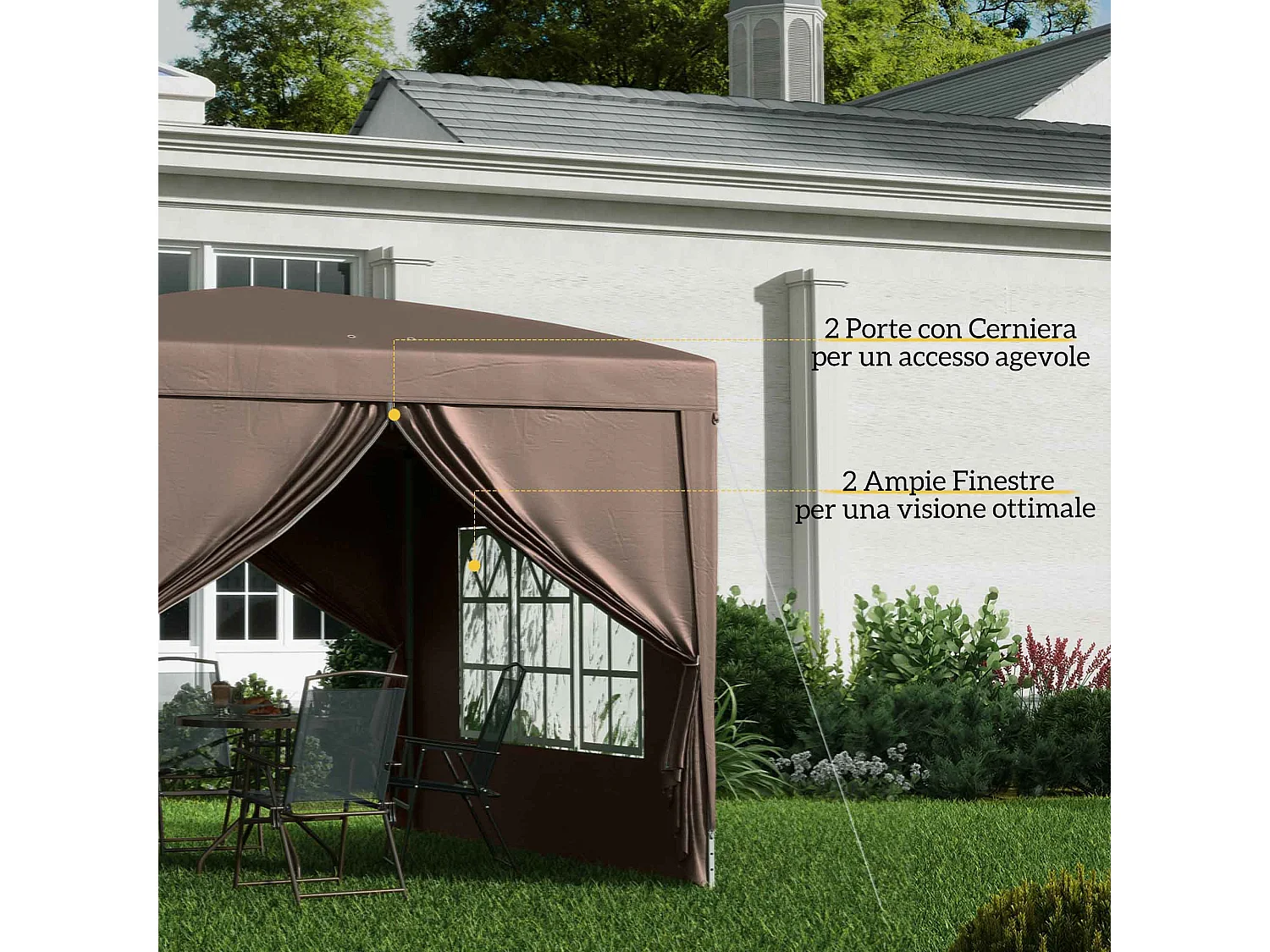 Gazebo da esterno 3x3 m pieghevole con 4 pannelli laterali color caffè