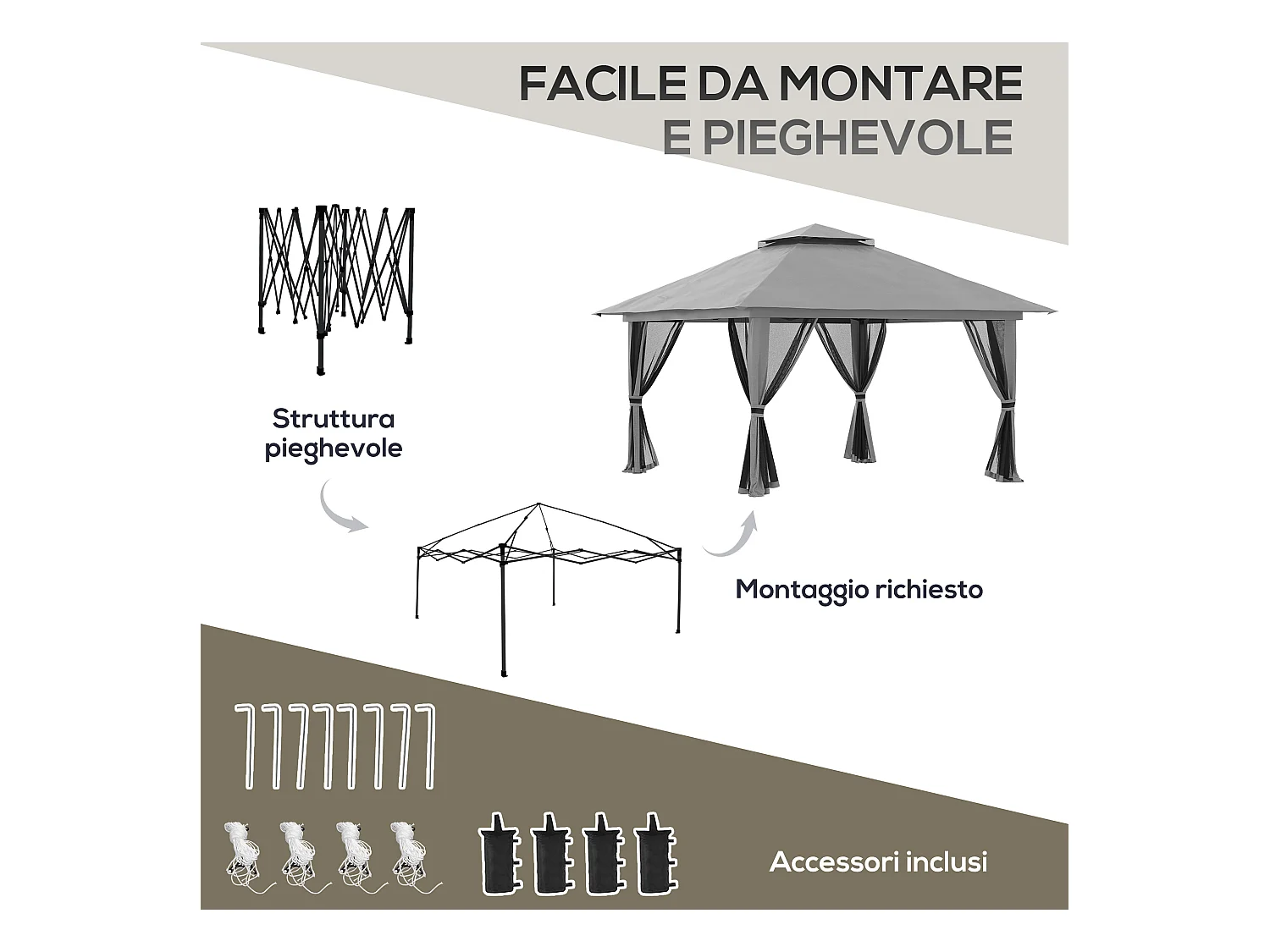 Gazebo pieghevole 4x4 fori di drenaggio e doppio tettuccio
